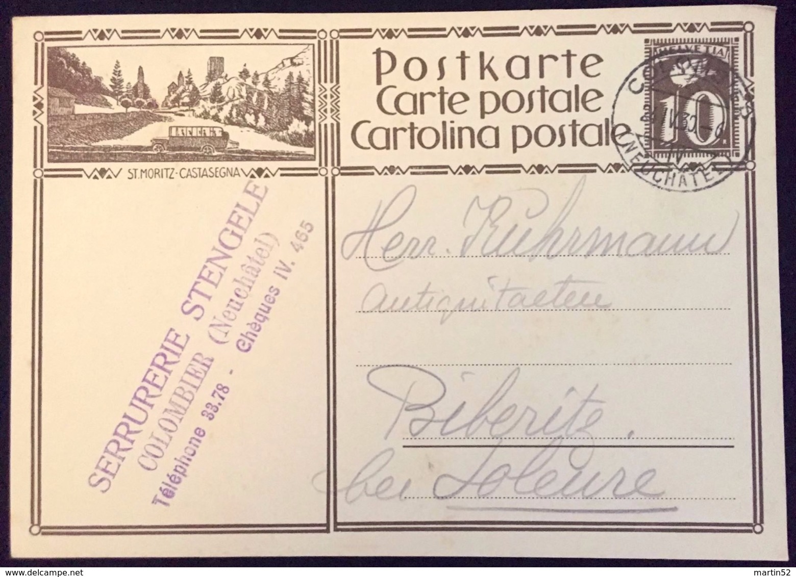 Schweiz Suisse 1930: Bild-PK / CPI "ST.MORITZ - CASTASEGNA" Mit O COLOMBIER 24.IV.30 Nach Biberist (SO) - Bus