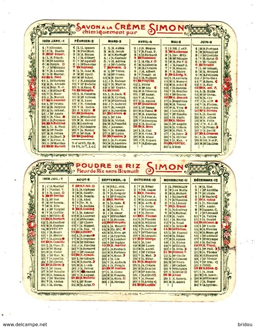 Calendrier De 1909    SAVON A LA CREME SIMON - Petit Format : 1901-20