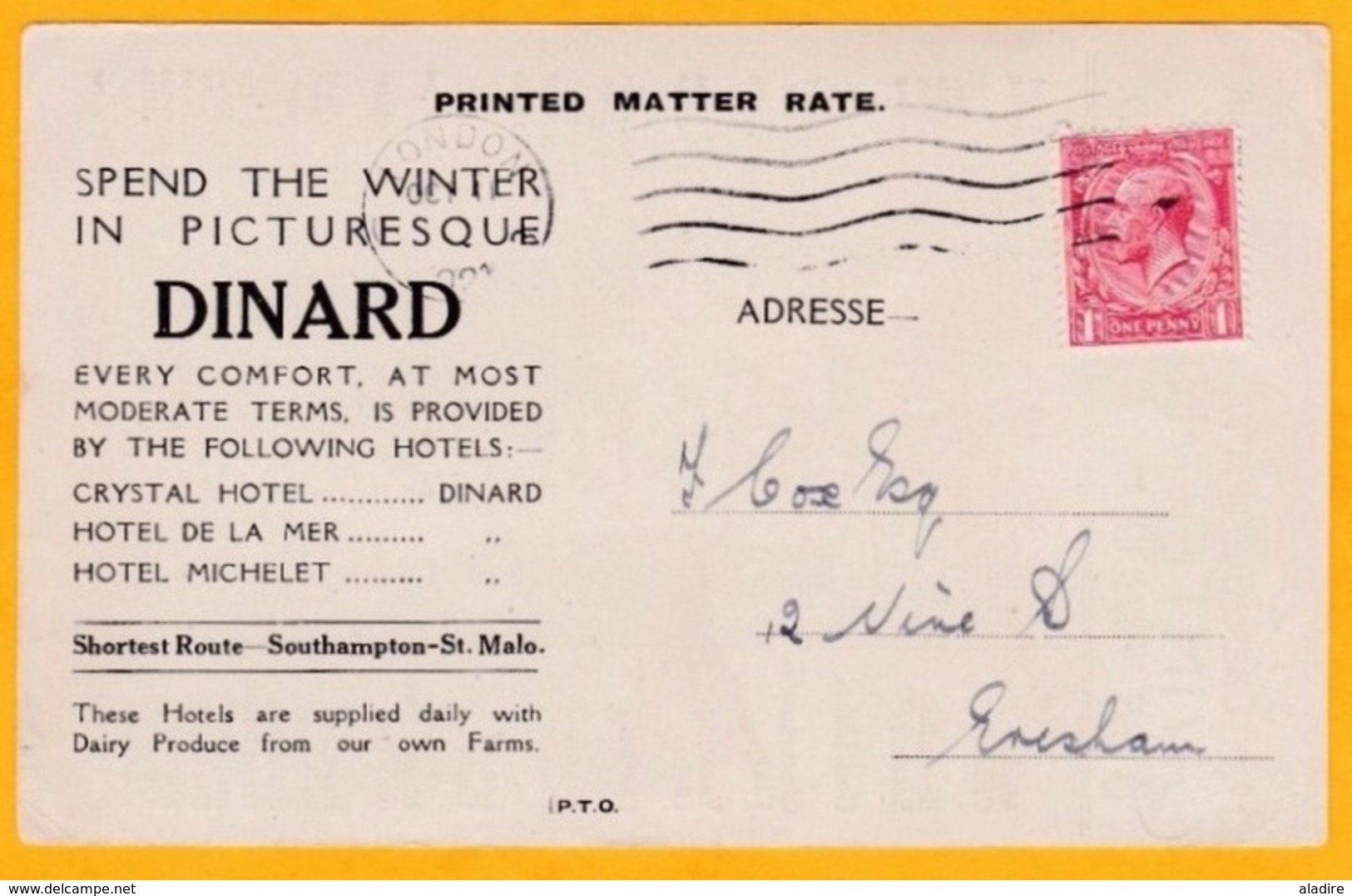 1921 CP Pub De Londres Vers Ensham, GB - Passez L'hiver à Dinard, Ille Et Vilaine, Bretagne, France  Par La Ligne Mariti - Lettres & Documents