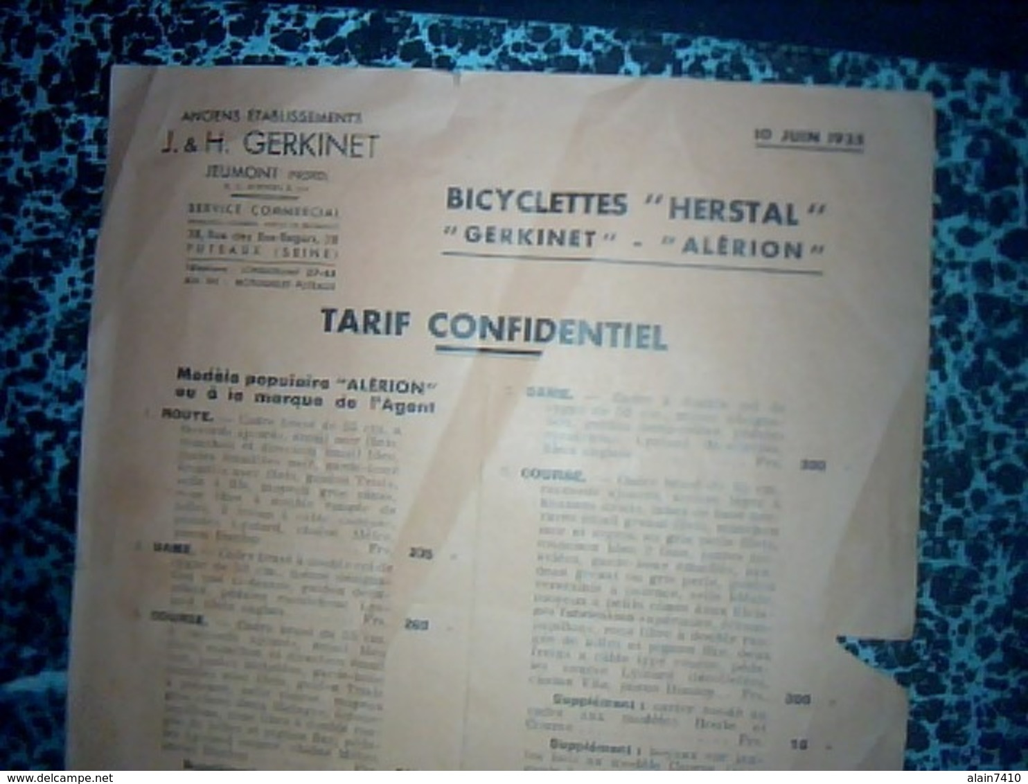 Publicitè Tract Ets GERKINET à JEUMON Annee 1933 PUB Bicyclette HERSTAL GERKINET ALERION - Pubblicitari