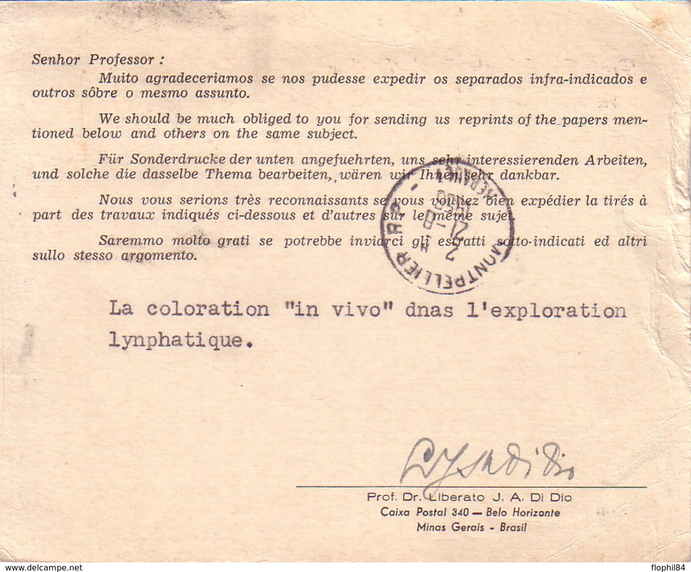 BRESIL - LETTRE POUR LA FRANCE DE LA FACULTE DE MEDECINE POUR LE CENTRE ANTI-CANCEREUX DE MONTPELLIER-1955 - Storia Postale