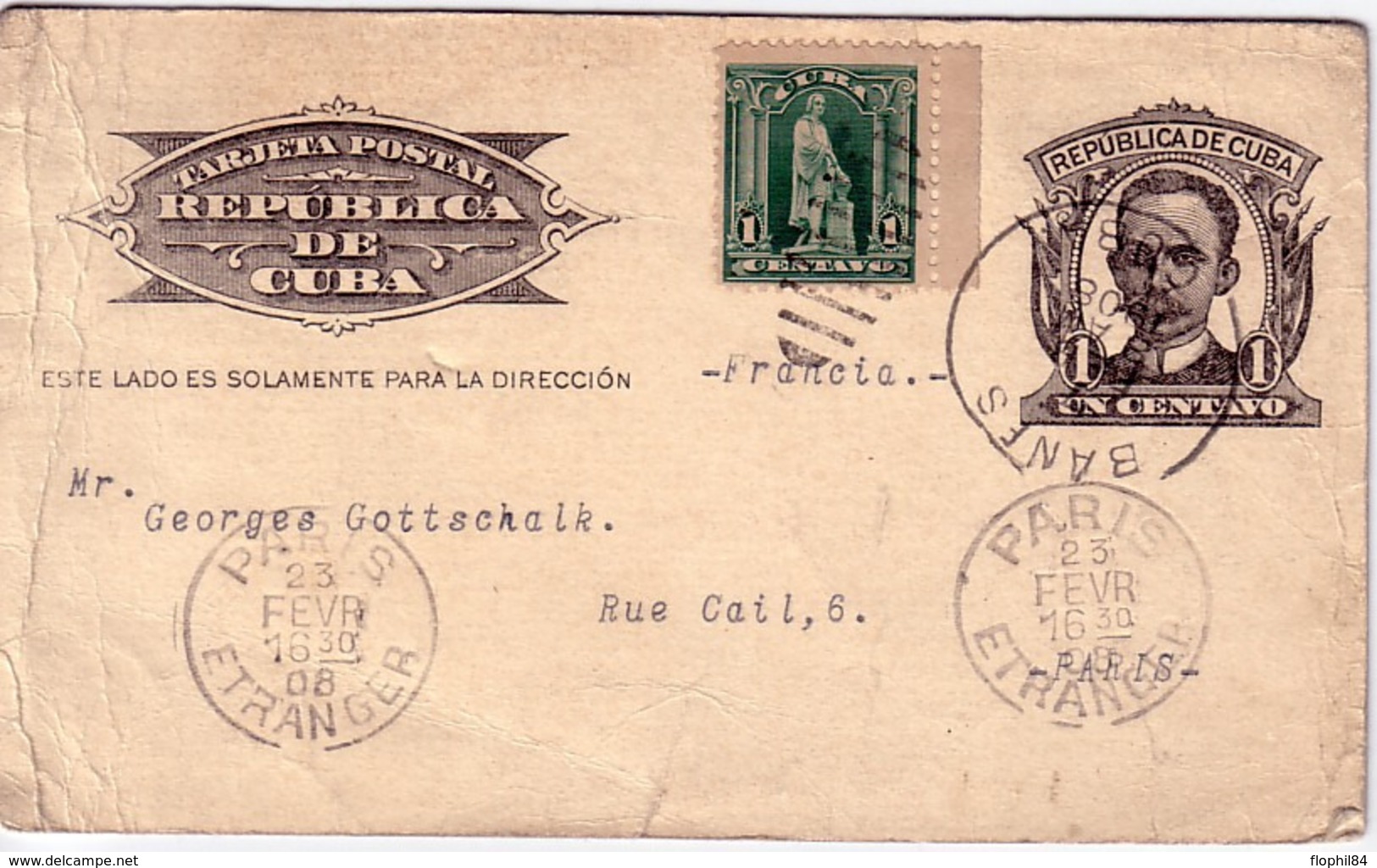 CUBA - ENTIER POSTAL AVEC COMPLEMENT D'AFFRANCHISSEMENT POUR LA FRANCE - PARIS ETRANGER - EN 1908. - Brieven En Documenten