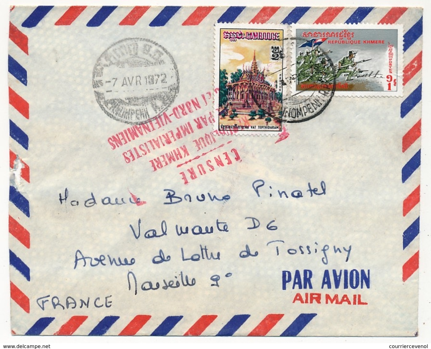 CAMBODGE - Enveloppe Depuis Phnompenh - 1972 - Cachet Rouge "République Kmère Agressée Par Impérialistes Viet-cong ... " - Cambodia