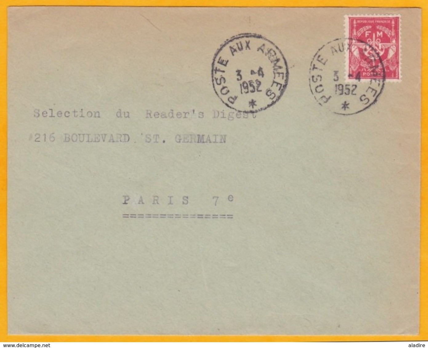 1952 - Enveloppe En Franchise Militaire - Poste Aux Armées - Vers Paris - YT FM 12 - Vietnamkrieg/Indochinakrieg