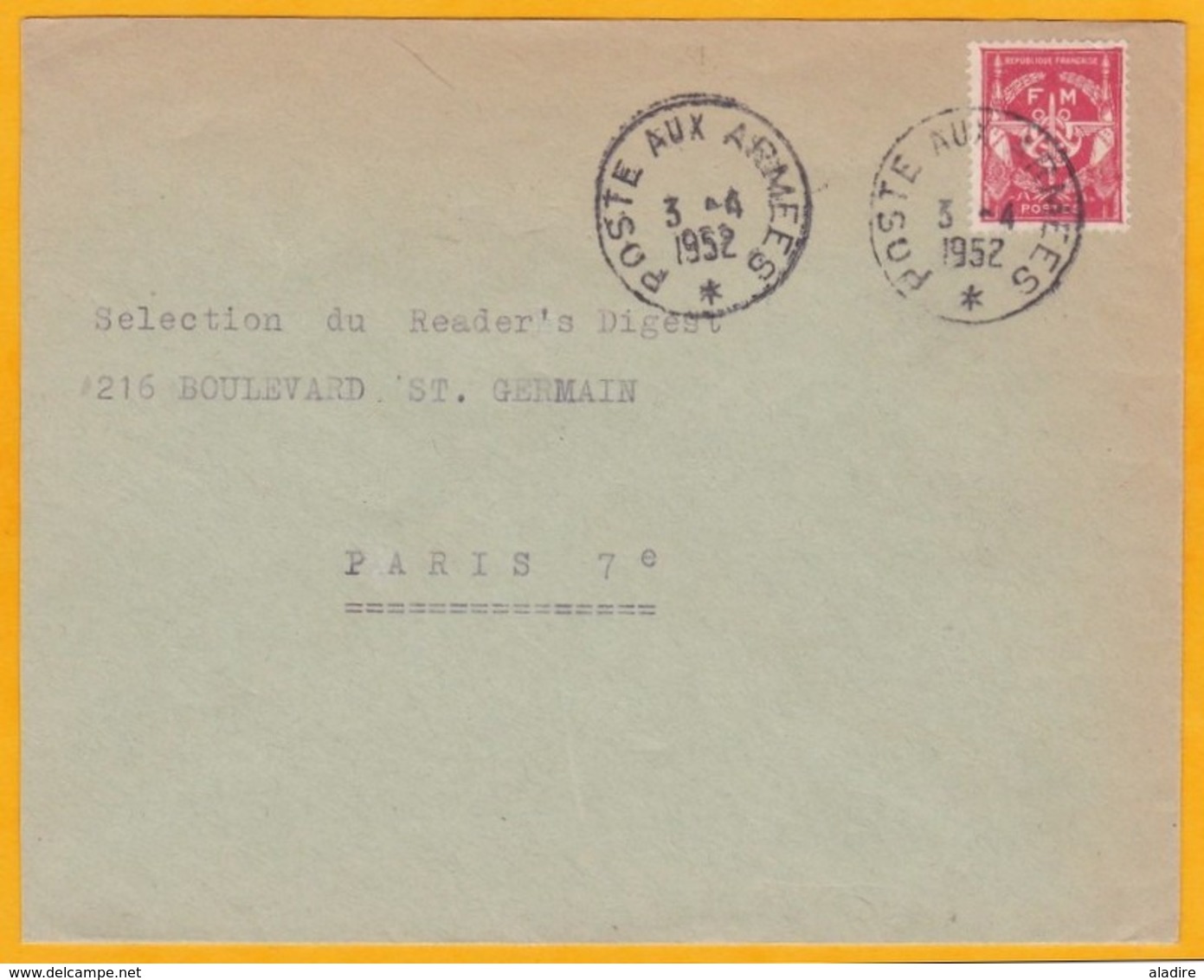 1952 - Enveloppe En Franchise Militaire - Poste Aux Armées - Vers Paris - YT FM 12 - Guerre D'Indochine / Viêt-Nam