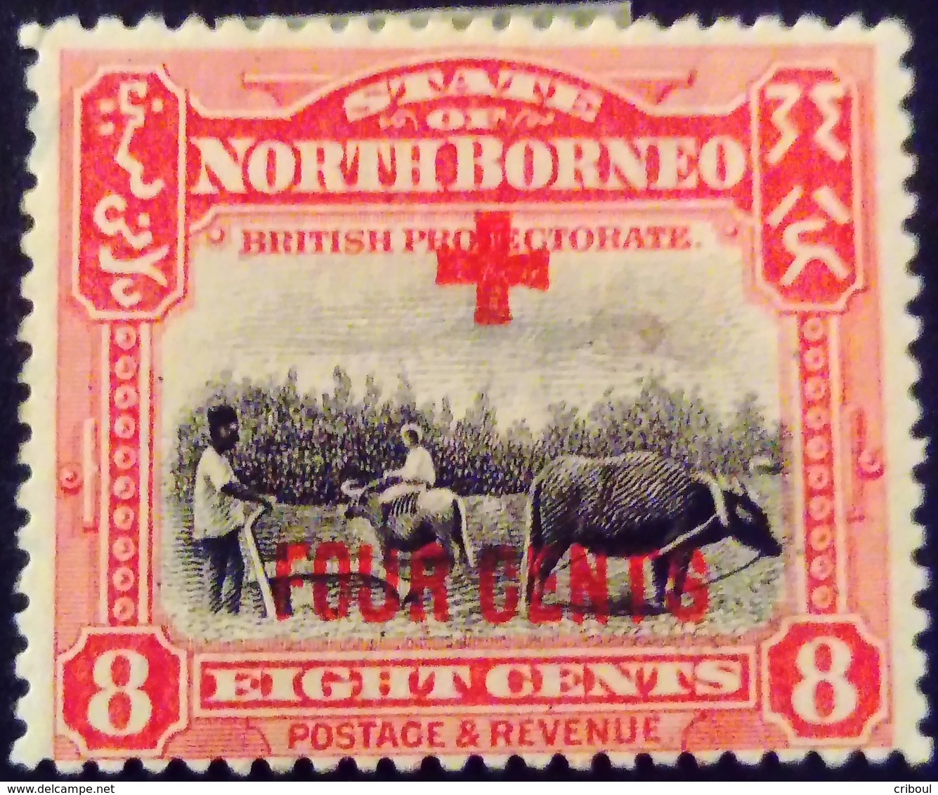 Borneo 1919 Animal Buffle Buffalo Surchargé Overprinted + FOUR CENTS Yvert 189 * MH - Bornéo Du Nord (...-1963)