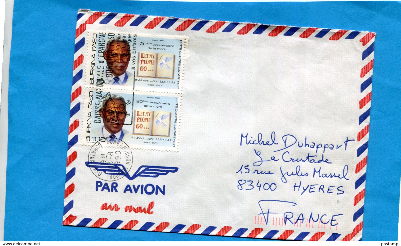 MARCOPHILIE-Lettre- BURKINA FASO>France Cad + Flamme "caisse D'épargne" 1990-3-stamps-N°751  John  Luthuli - Burkina Faso (1984-...)