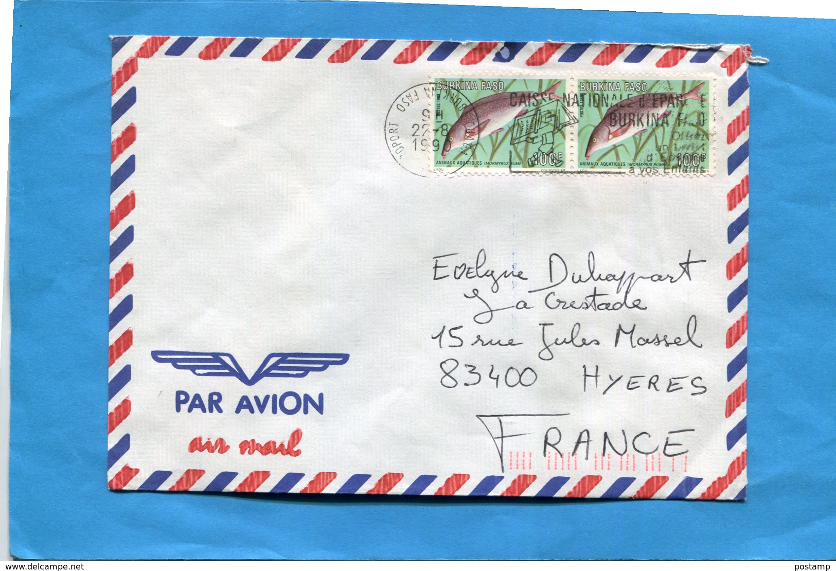 MARCOPHILIE-Lettre- BURKINA FASO>France Cad + Flamme "caisse D'épargne" 1990-2-stamps-N°790poisson Mormyrus - Burkina Faso (1984-...)