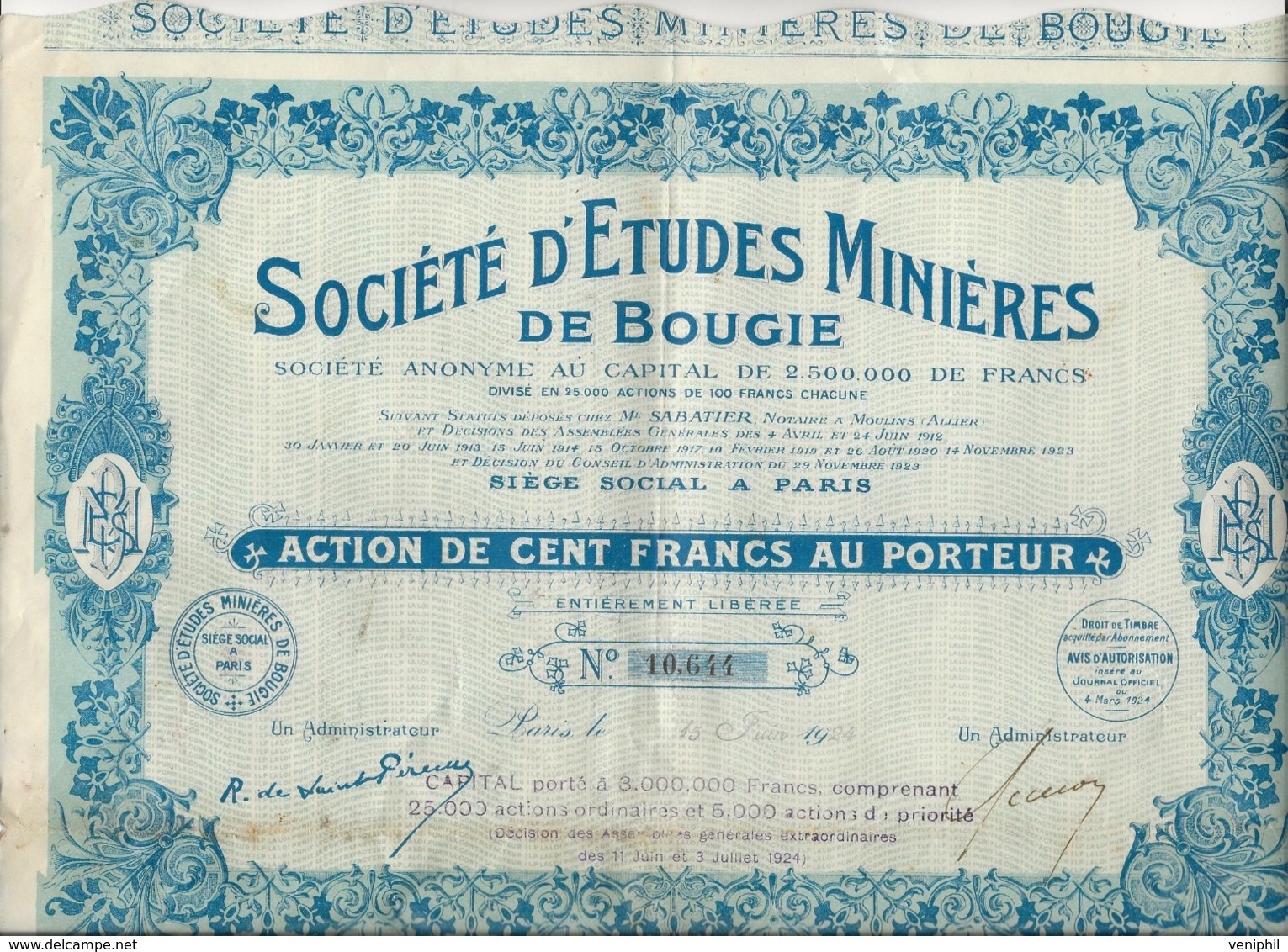 ACTION DE 100 FRANCS - SOCIETE D'ETUDES MINIERES DE BOUGIE  -ANNEE 1924 - Mineral