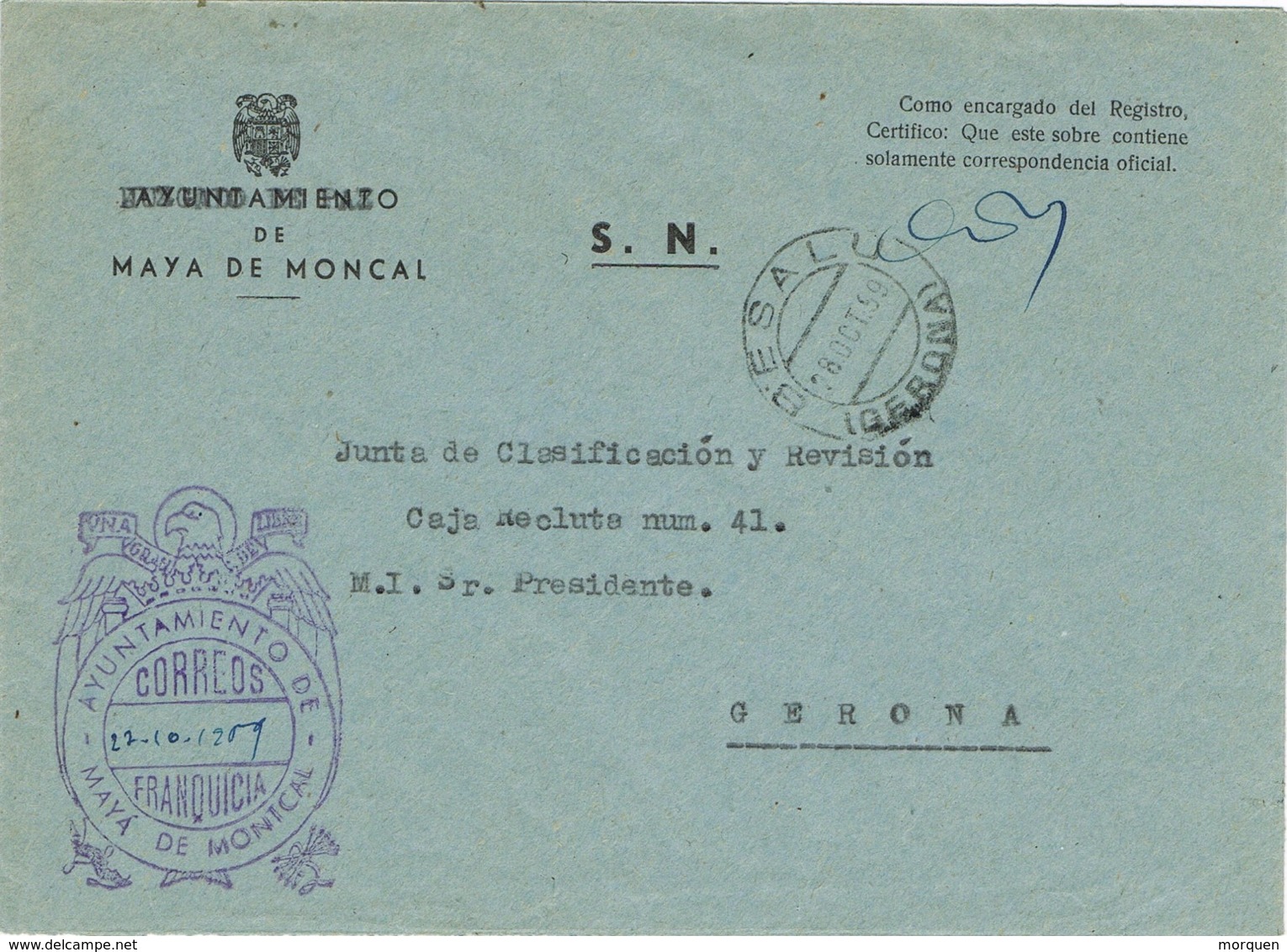 34000. Carta S.N. Franquicia Ayuntamiento MAYA De MONCAL (Gerona) 1959 - Cartas & Documentos