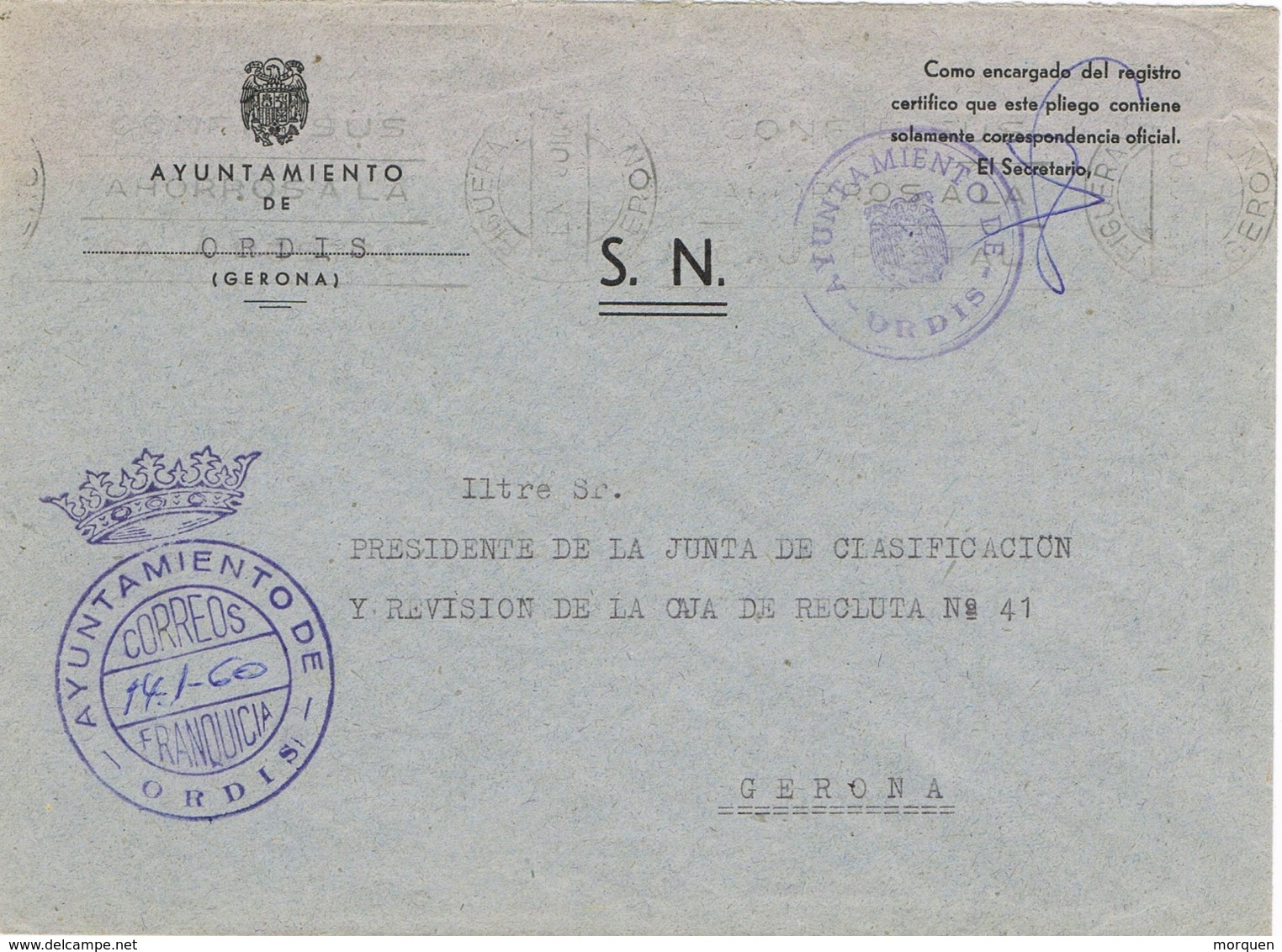 34001. Carta S.N. Franquicia Ayuntamiento ORDIS (Gerona) 1960 - Cartas & Documentos