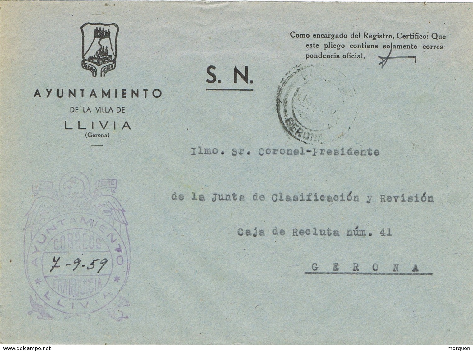 34002. Carta S.N. Franquicia Ayuntamiento LLIVIA (Gerona) 1959 - Cartas & Documentos