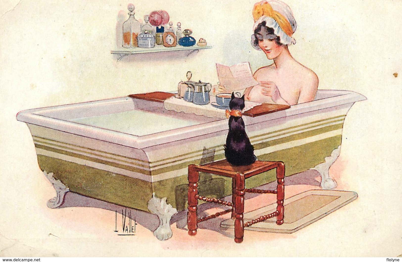 NU CURIOSA - Illustrateur L. VALET - Femme Nue Seins Nus " Dans Le Bain , Le Cacao "- Chat Noir - Nude érotisme érotique - Vallet, L.