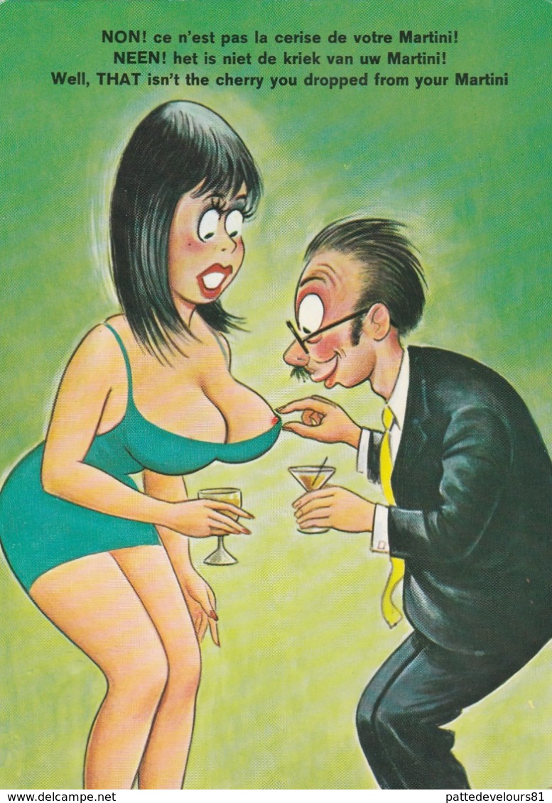 CPM Grivoise Pin-up Sexy Grosse Poitrine Téton Homme Myope Cerise "MARTINI" Humour Illustrateur (2 ,scans) - Contemporain (à Partir De 1950)