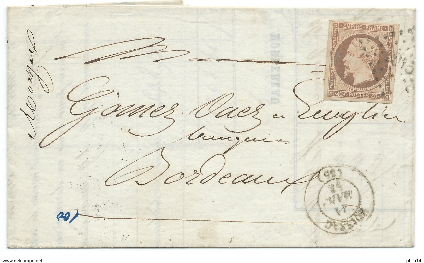 N° 16 40c ORANGE NAPOLEON SUR LETTRE / MOISSAC POUR BORDEAUX / 1858 - 1849-1876: Période Classique