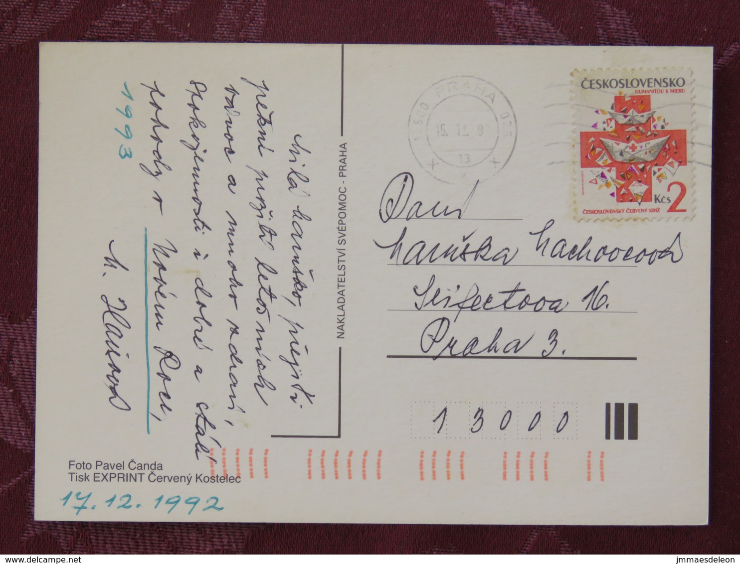 Czechoslovakia 1992 Postcard "Greetings Bird Handicraft Candle" Prague To Prague - Red Cross - Covers & Documents