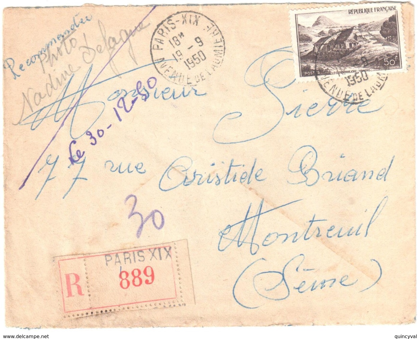 PARIS XIX Avenue De LAUMIERE Lettre Recommandée Des Montreuil Mont Gerbier De Jonc Yv 843 Ob 19 9 1950 - Covers & Documents