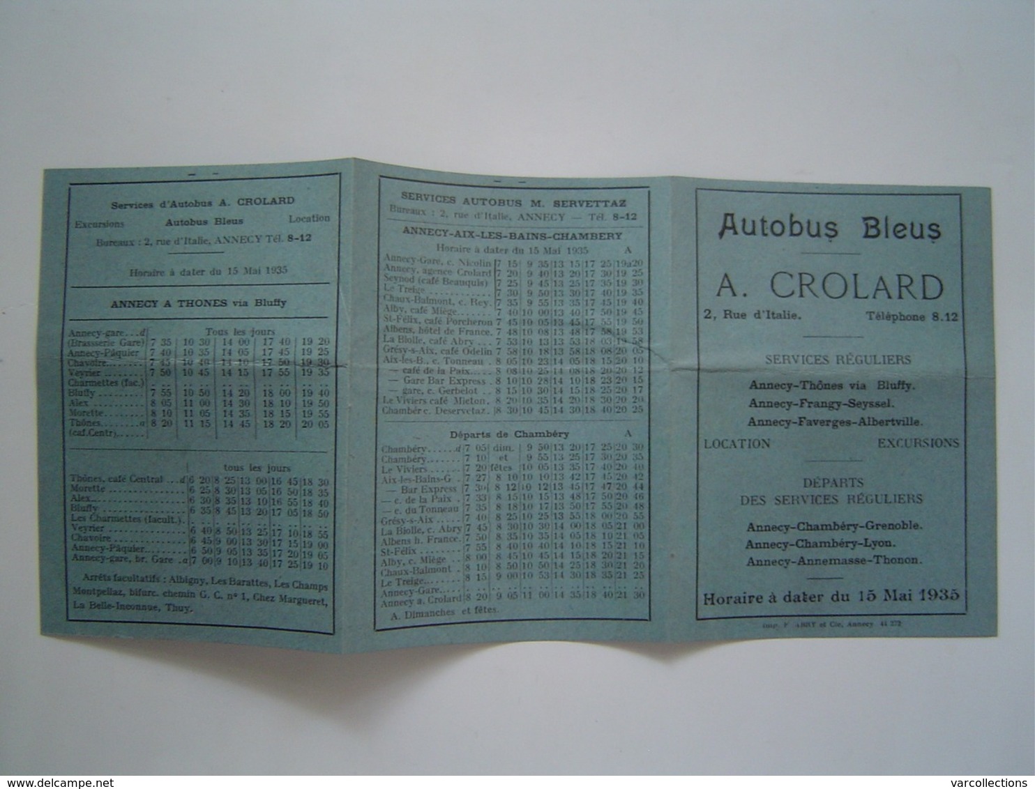 HORAIRES EXCURSIONS 1935 : AUTOBUS BLEUS CROLARD - ANNECY - Autres & Non Classés