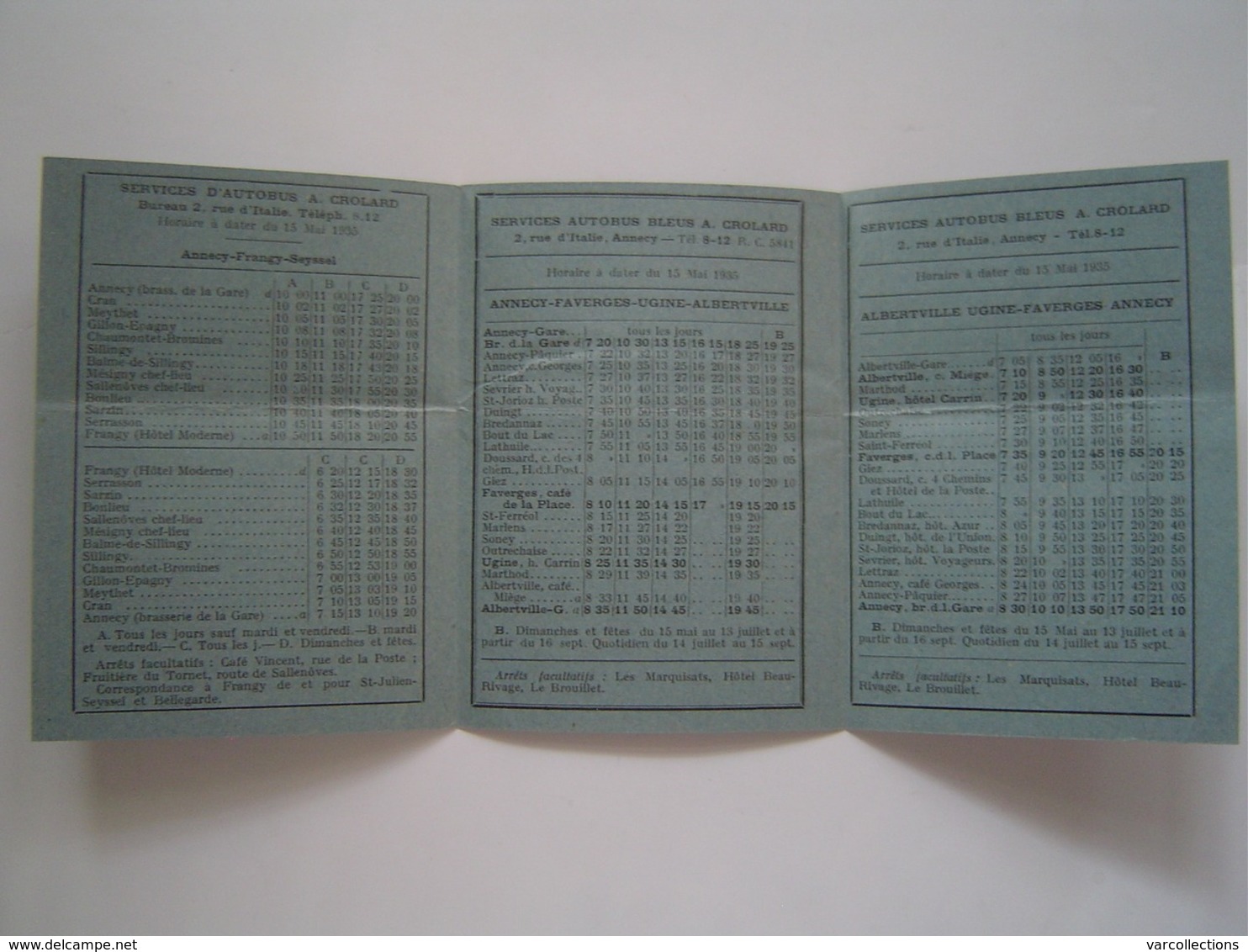 HORAIRES EXCURSIONS 1935 : AUTOBUS BLEUS CROLARD - ANNECY - Autres & Non Classés