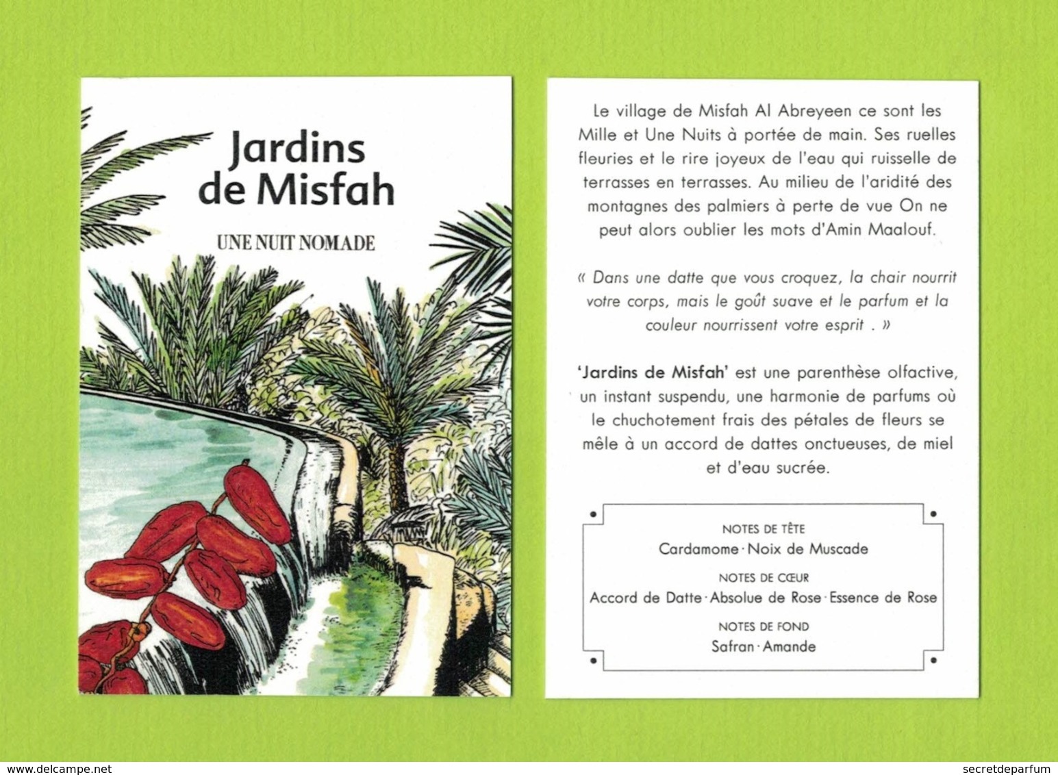 Cartes Parfumées  CARTE  JARDINS DE MISFAH De UNE NUIT NOMADE RECTO VERSO - Modernes (à Partir De 1961)