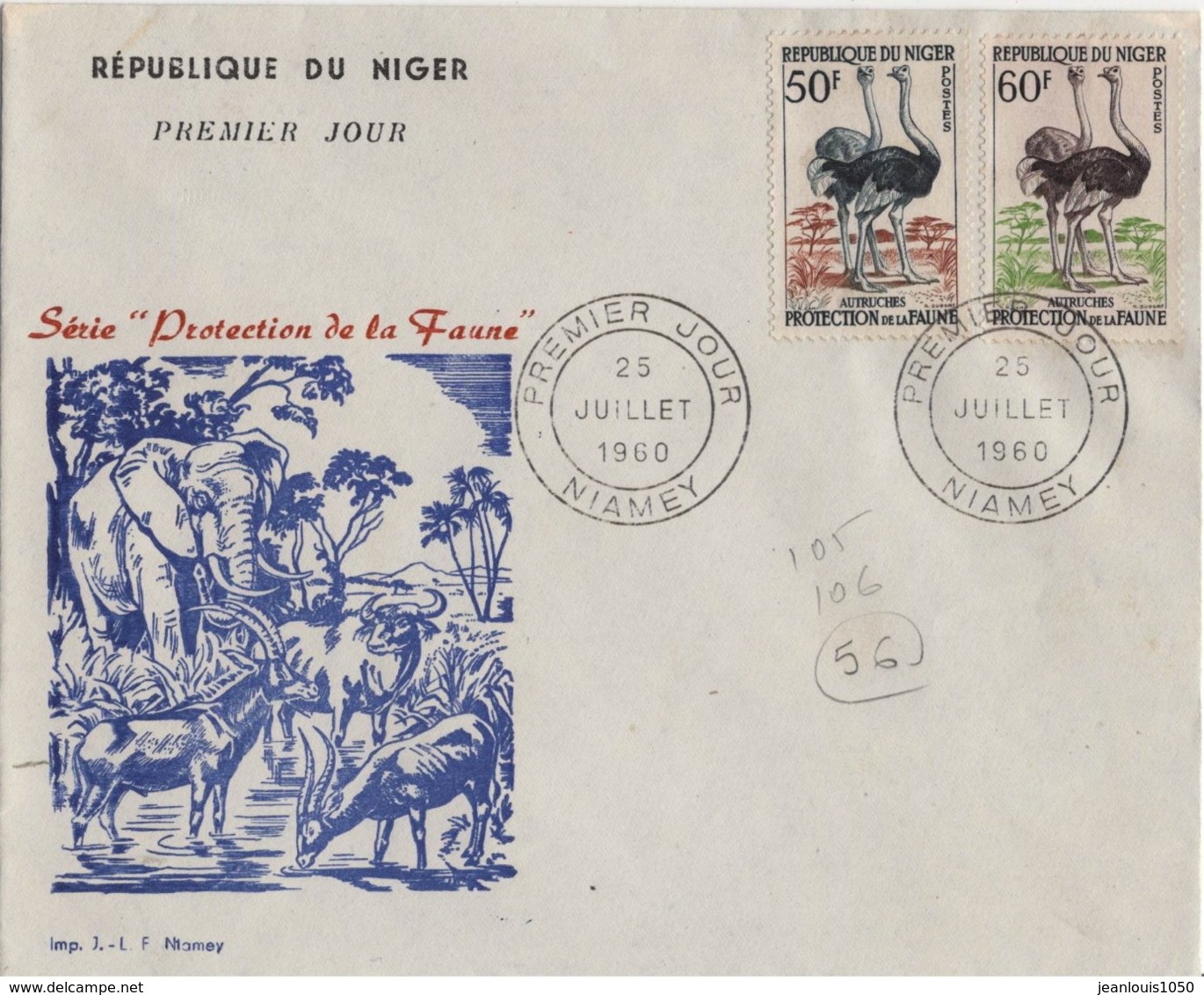 NIGER YT N°105 ET 106 SUR LETTRE ILLUSTREE OBLITERATION PREMIER JOUR(FDC) - Struzzi