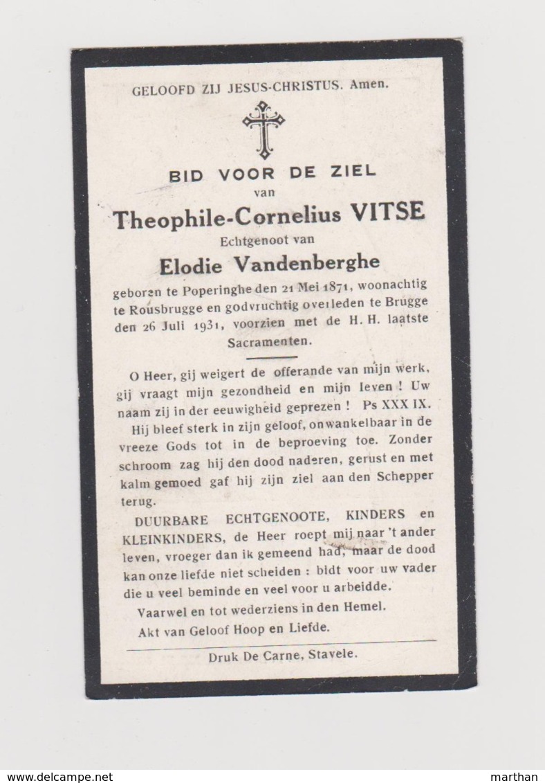 DOODSPRENTJE VITSE THEOPHIEL ECHTGENOOT VANDENBERGHE POPERINGE ROESBRUGGE BRUGGE (1871 - 1931) - Devotion Images