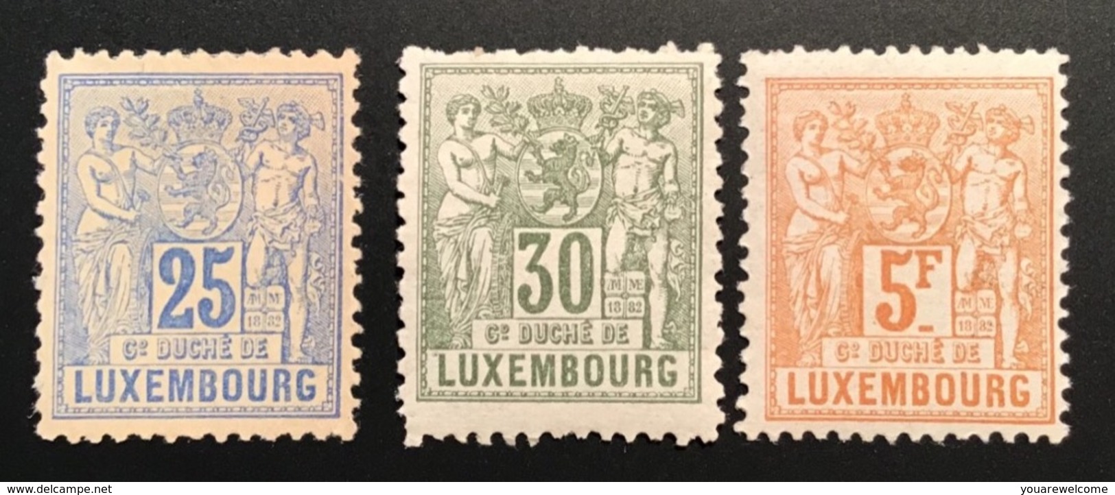 1882 25c-30c-5f Michel 52A, 53A, 56B = 295€, VF Mint * Original Gum (Luxembourg Yv 54-55-58 Neuf TB Luxemburg - 1882 Allegory