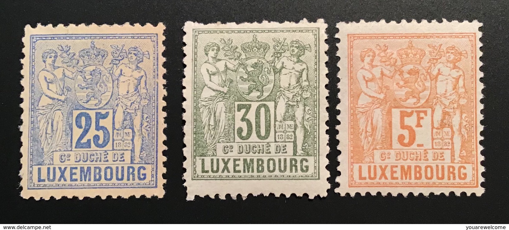 1882 25c-30c-5f Michel 52A, 53A, 56B = 295€, VF Mint * Original Gum (Luxembourg Yv 54-55-58 Neuf TB Luxemburg - 1882 Allegory