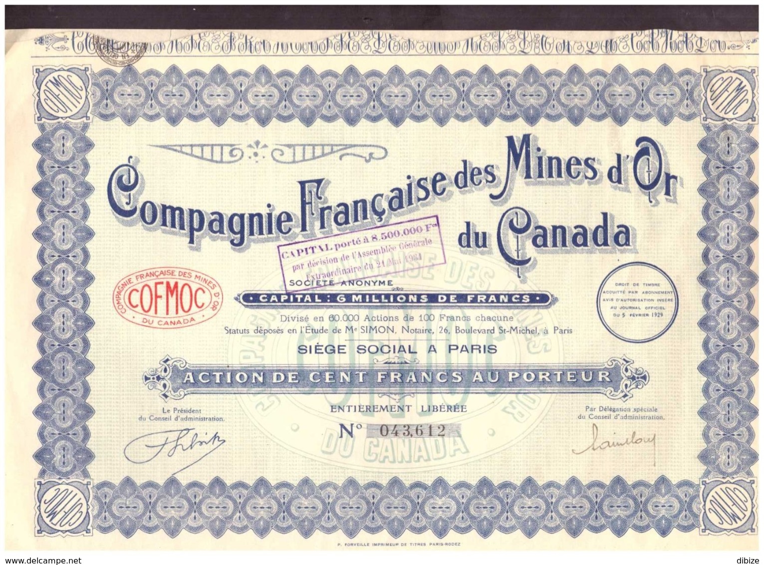 France. Action De 100 Francs Au Porteur. Compagnie Française Des Mines D'Or Du Canada S.A. 1931. + 32 Coupons. - Mineral