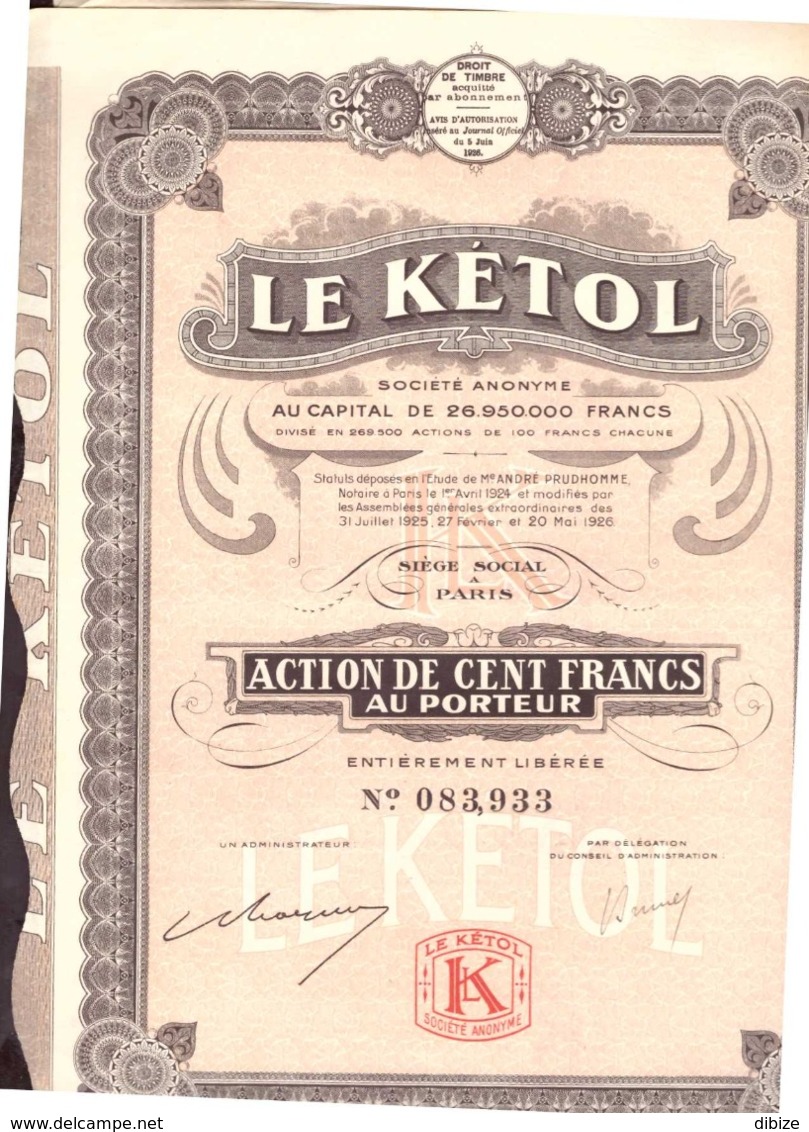 France. Action De 100 Francs Au Porteur. Le Kétol S.A. 1926. + 30 Coupons. - J - L