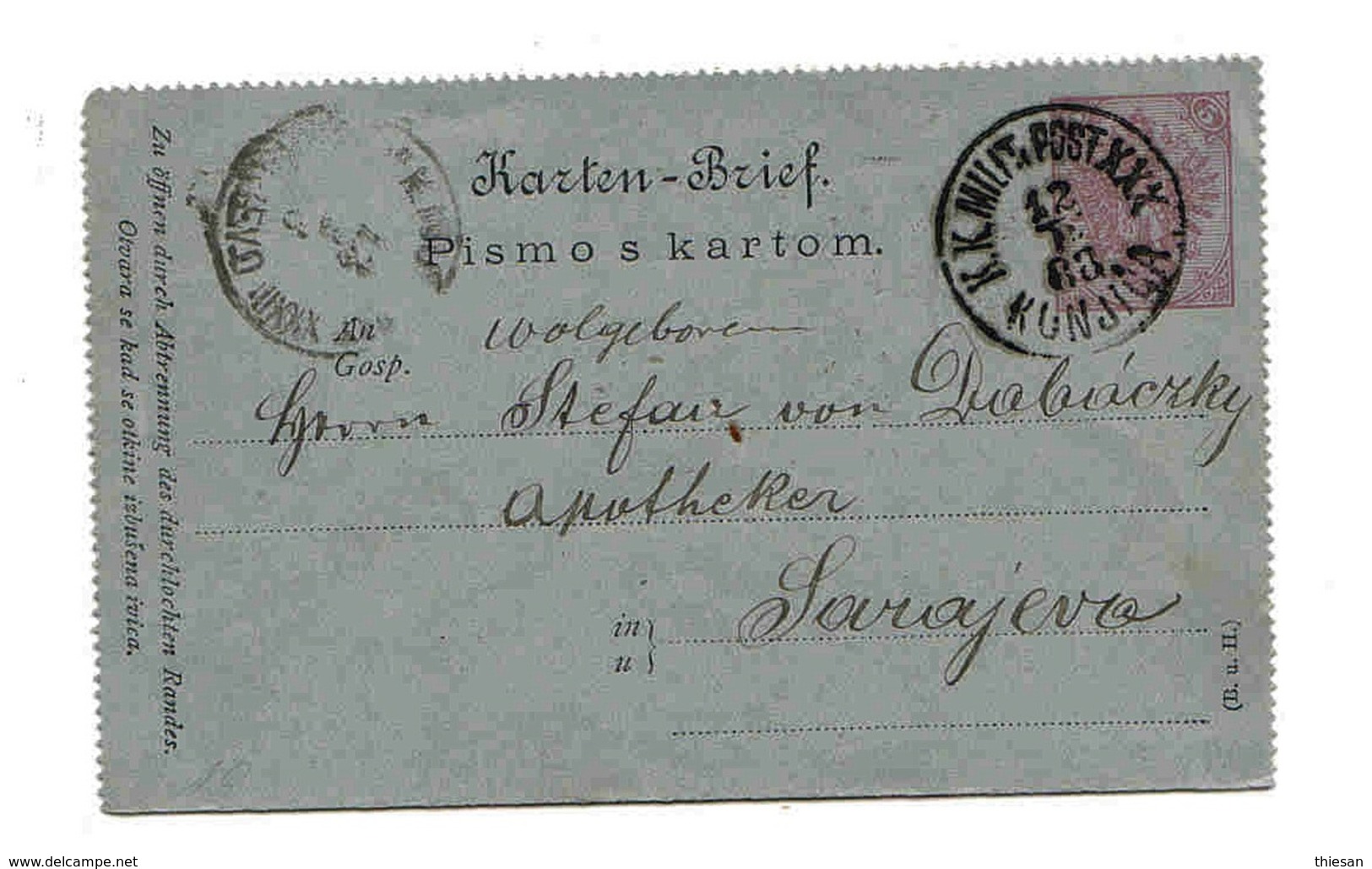 Autriche Austria Bosnie Bosnia Entier Carte Lettre Militaire Konjica Pour Sarajevo 1888 Cover Ganzache Stationary Entête - Covers & Documents