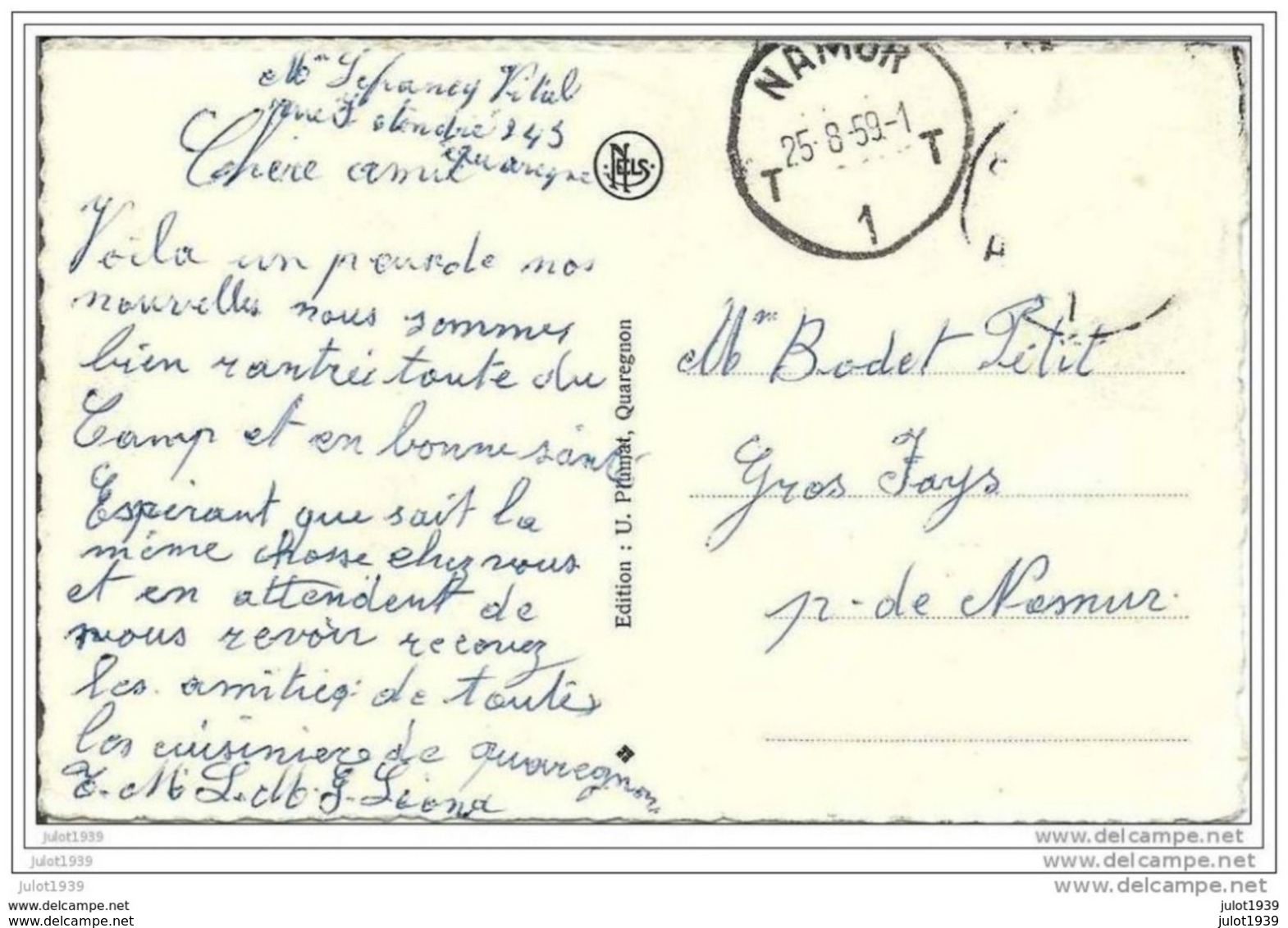 QUAREGNON ..-- Eglise De N - D . De Lourdes .1959 Vers GROS - FAYS ( Mme BODET - PETIT ) . Voir Verso . - Quaregnon