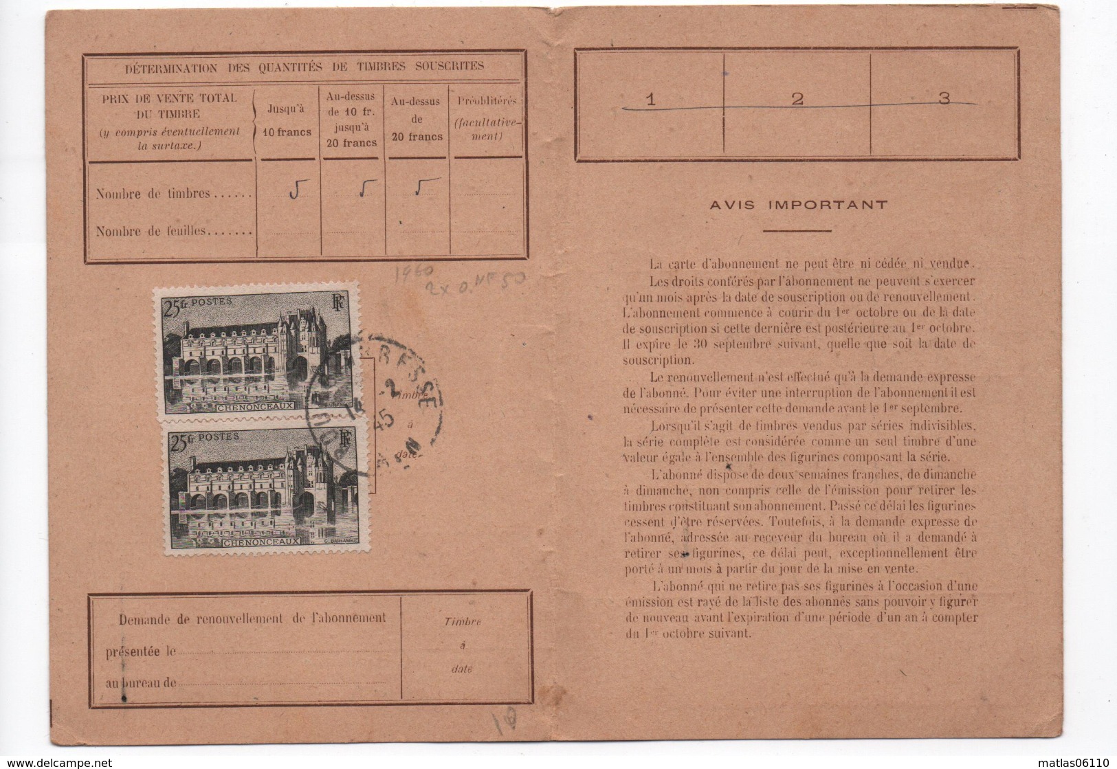 1944 - Carte D'abonnement émissions De T.P- 25 Frs Chenonceaux X 2 - Carte Du 14 02 1945  Des PTT - Lettres & Documents