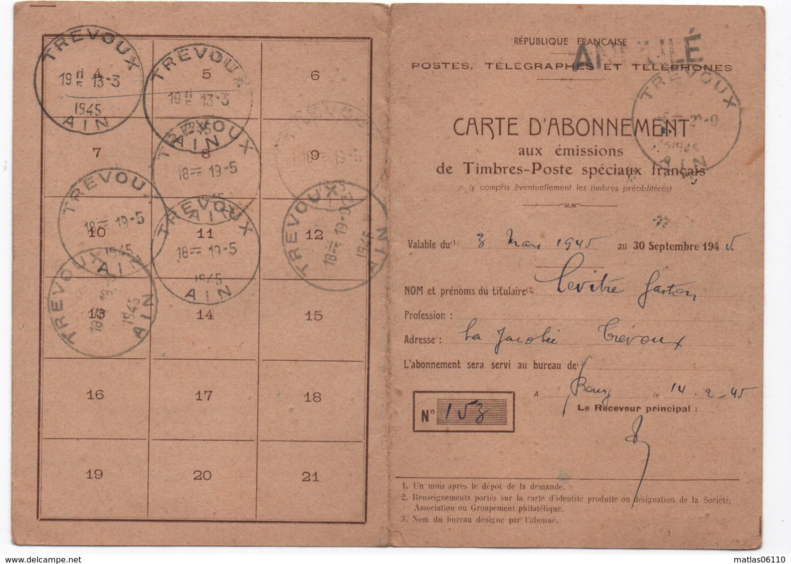 1944 - Carte D'abonnement émissions De T.P- 25 Frs Chenonceaux X 2 - Carte Du 14 02 1945  Des PTT - Lettres & Documents