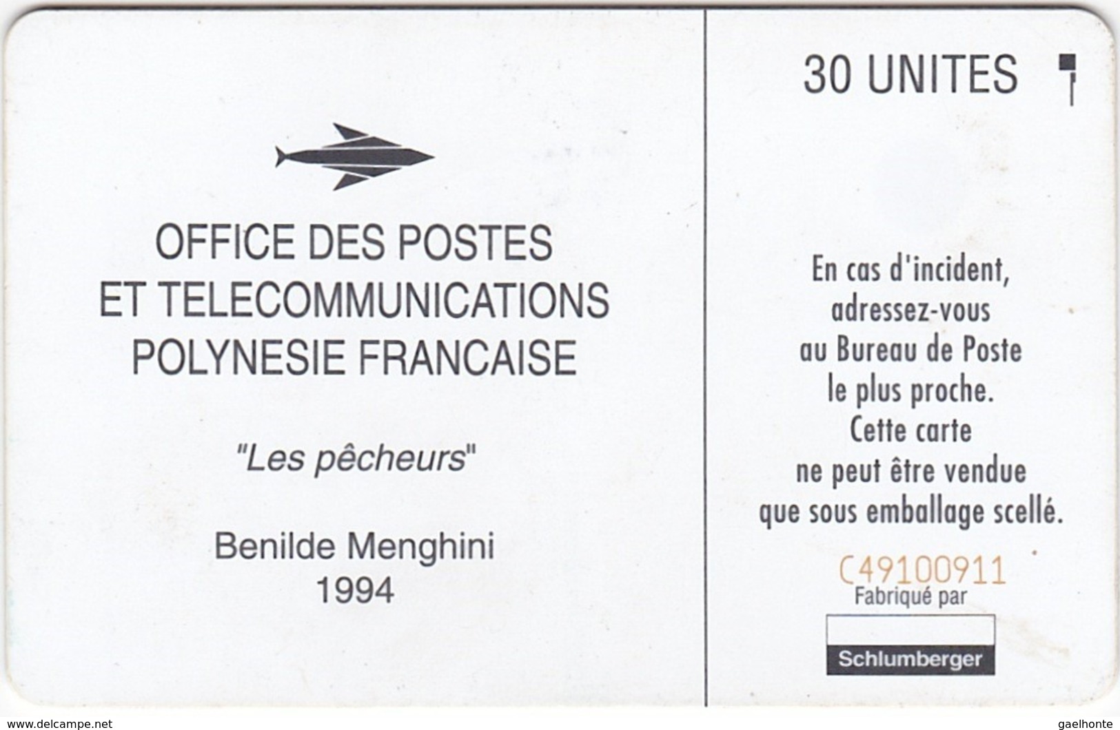 TC094 TÉLÉCARTE A PUCE - POLYNÉSIE FRANÇAISE 30 UNITÉS - "LES PÊCHEURS" - OFFICE DES POSTES ET TÉLÉCOMMUNICATIONS - Polinesia Francese