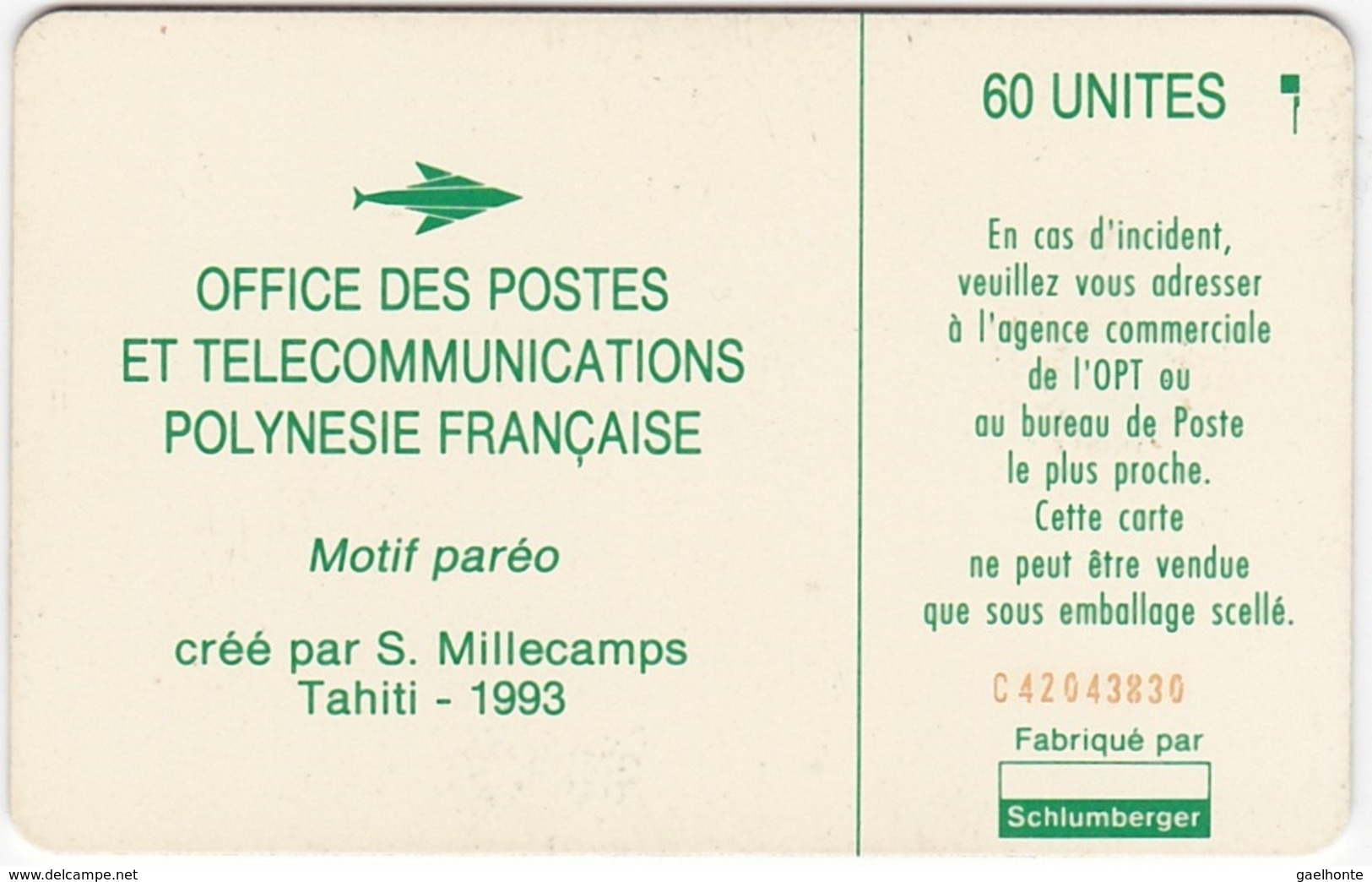 TC095 TÉLÉCARTE A PUCE - POLYNÉSIE FRANÇAISE 60 UNITÉS - "MOTIF PARÉO" - CRÉÉ PAR S. MILLECAMPS - TAHITI 1993 - Französisch-Polynesien