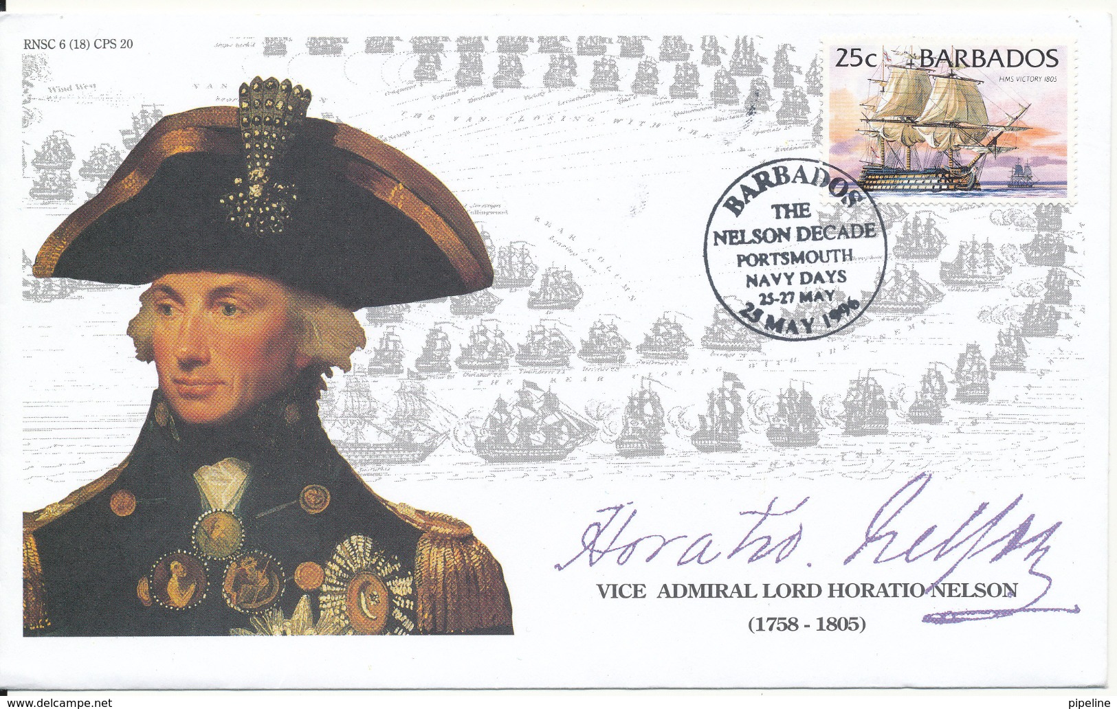 Barbados Cover The Nelson Decade Portsmouth Navy Days Vice Admiral Lord Horatio Nelson With Cachet - Barbados (1966-...)