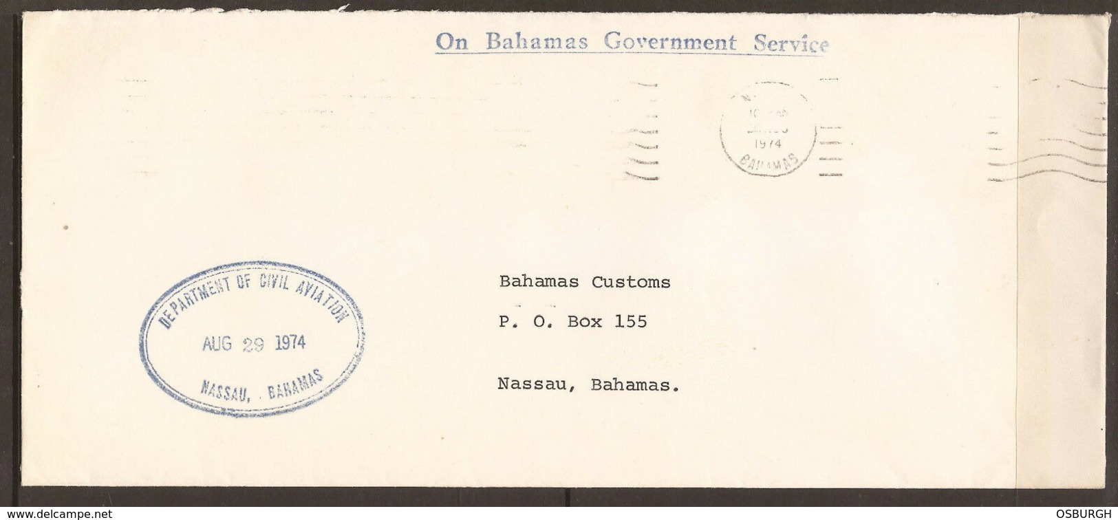 BAHAMAS. 1974. OFFICIAL COVER. CIVIL AVIATION. ADDRESSED TO CUSTOMS. BLUE CACHET ON BAHAMAS GOVERNMENT SERVICE. - Bahamas (1973-...)