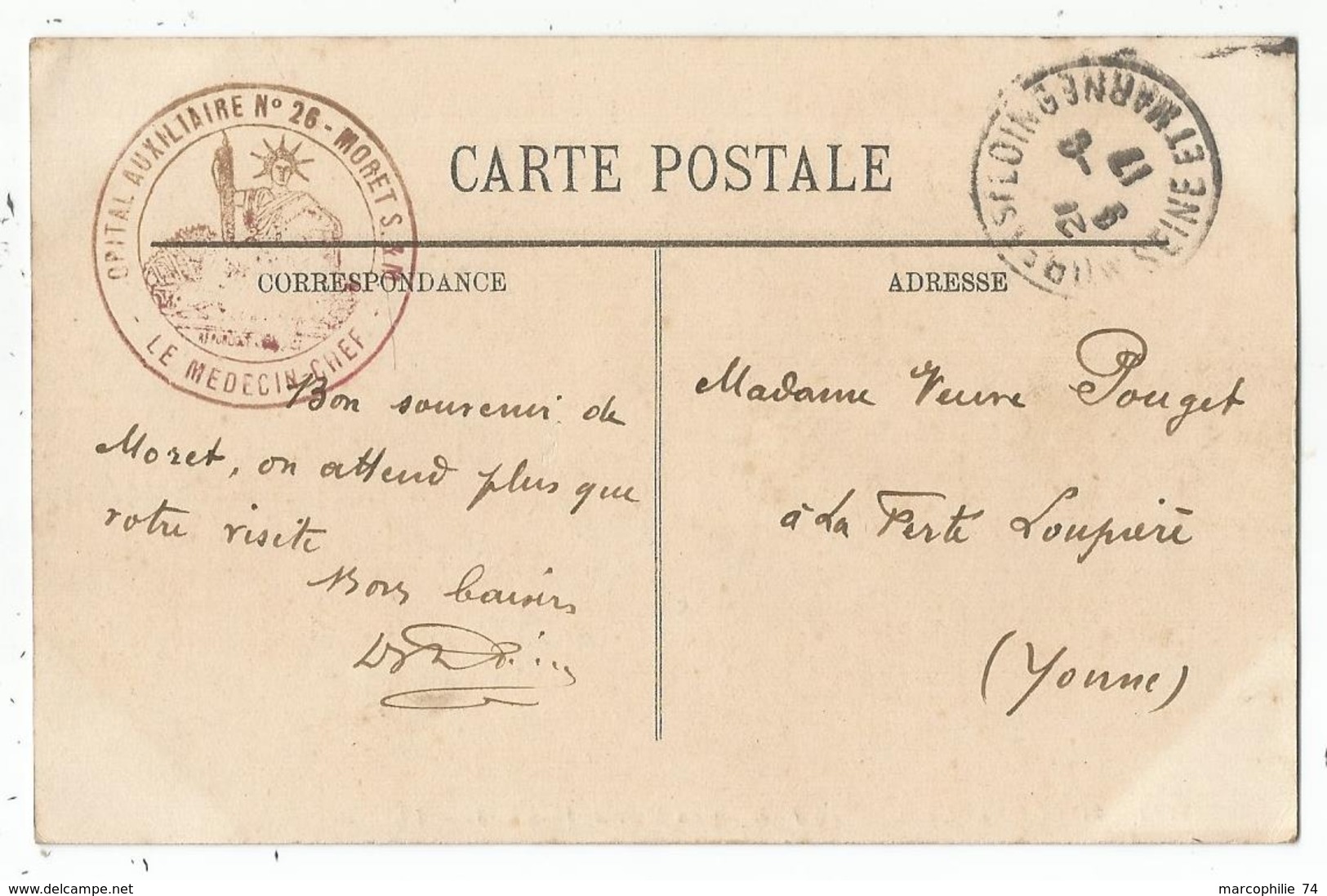 SEINE ET MARNE CARTE FONTAINEBLEAU  1917 CACHET ROUGE HOPITAL AUXILIAIRE N°26 MORET S M LE MEDECIN CHEF - WW I