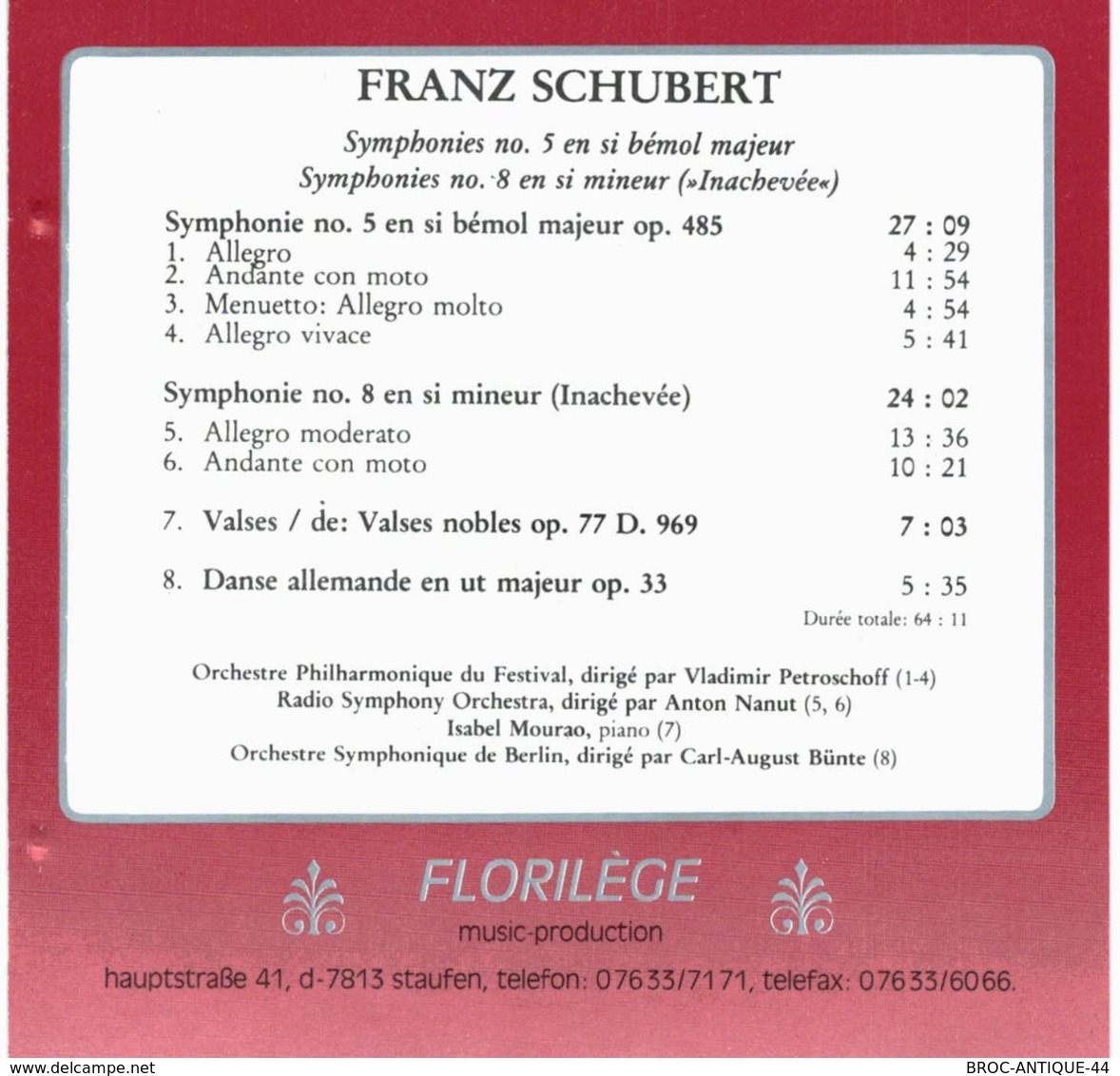 CD N°876 - FRANZ SCHUBERT - SYMPHONIE N°5 ET N°8 - COMPILATION - Klassik