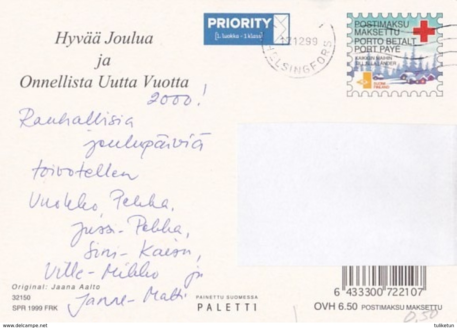 Postal Stationery - Birds - Bullfinches In Winter Landscape - Red Cross 1999 - Suomi Finland - Postage Paid - Postal Stationery