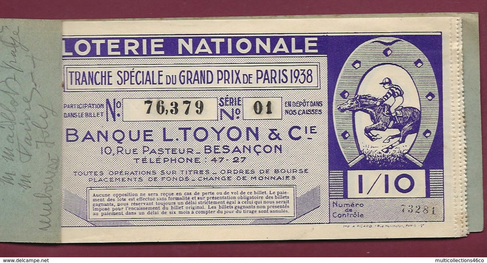 220919 - Carnet 14 BILLETS LOTERIE NATIONALE Grand Prix Paris 1938 Course Hippique BANQUE L TOYON Rue Pasteur BESANCON - Billetes De Lotería