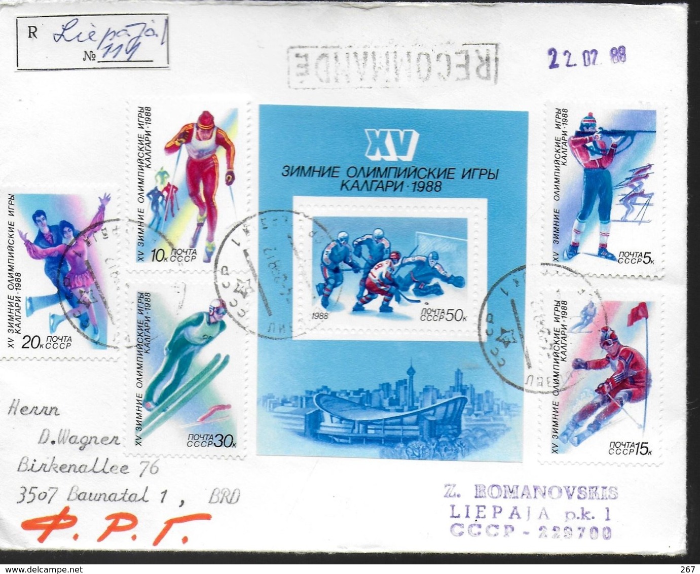 URSS Lettre Recommandée 1988 Hockey Sur Glace Ski De Fond Saut A Ski Tir Biathlon Patinage - Jockey (sobre Hielo)