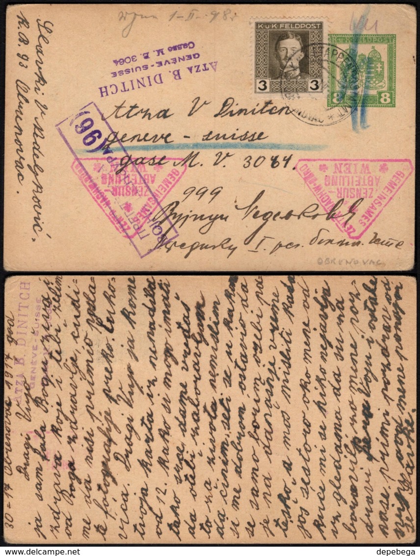 Aistria - Serbia, Austro-Hungarian Empire, K.u.K. Feldpost (Mi. FP 3) Etappenpostamt Obrenovac, 2.12.1917 - Geneve. - Other & Unclassified