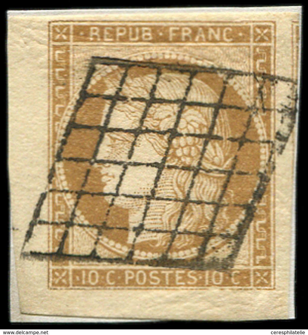 EMISSION DE 1849 - 1    10c. Bistre-jaune, COIN De FEUILLE, Obl. GRILLE S. Petit Fragt, Superbe - 1849-1850 Ceres