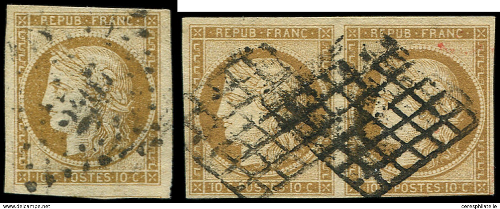 EMISSION DE 1849 - 1    10c. Bistre-jaune, PAIRE Et Unité Obl. GRILLE Et PC, TB - 1849-1850 Ceres