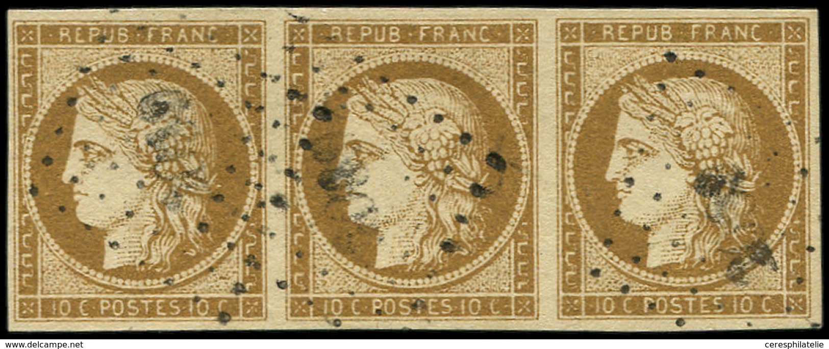 EMISSION DE 1849 - 1a   10c. Bistre-brun, BANDE De 3 Obl. PC, Jolie Nuance, TTB. C - 1849-1850 Cérès