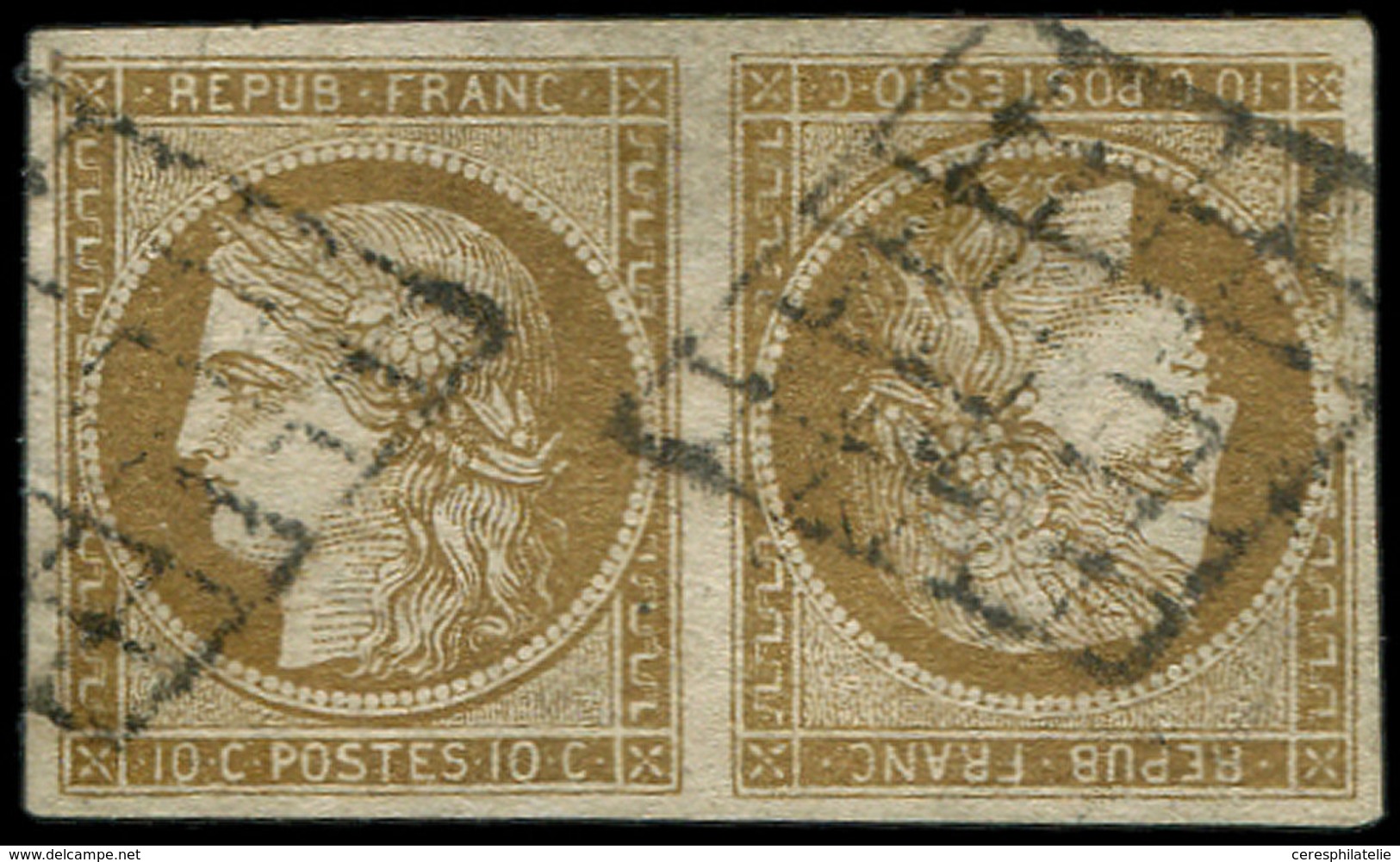 EMISSION DE 1849 - 1    10c. Bistre-VERDATRE, TETE-BECHE, FAUX Sperati, Obl. GRILLE, TB - 1849-1850 Ceres