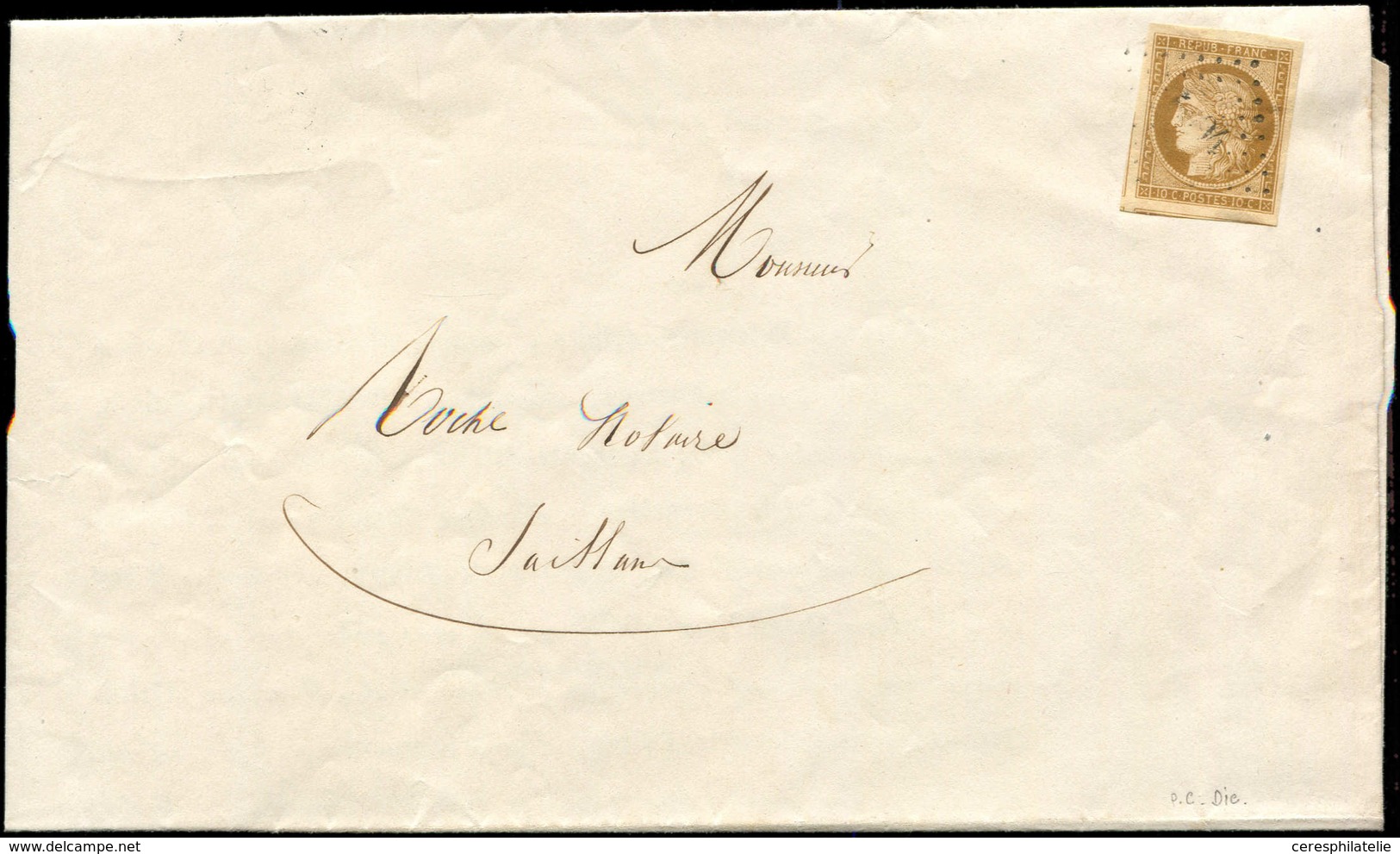 Let EMISSION DE 1849 - 1    10c. Bistre-jaune, Grandes Marges, Obl. PC 1094 S. Faire-part De DIE 14/3/52, TB - 1849-1850 Cérès
