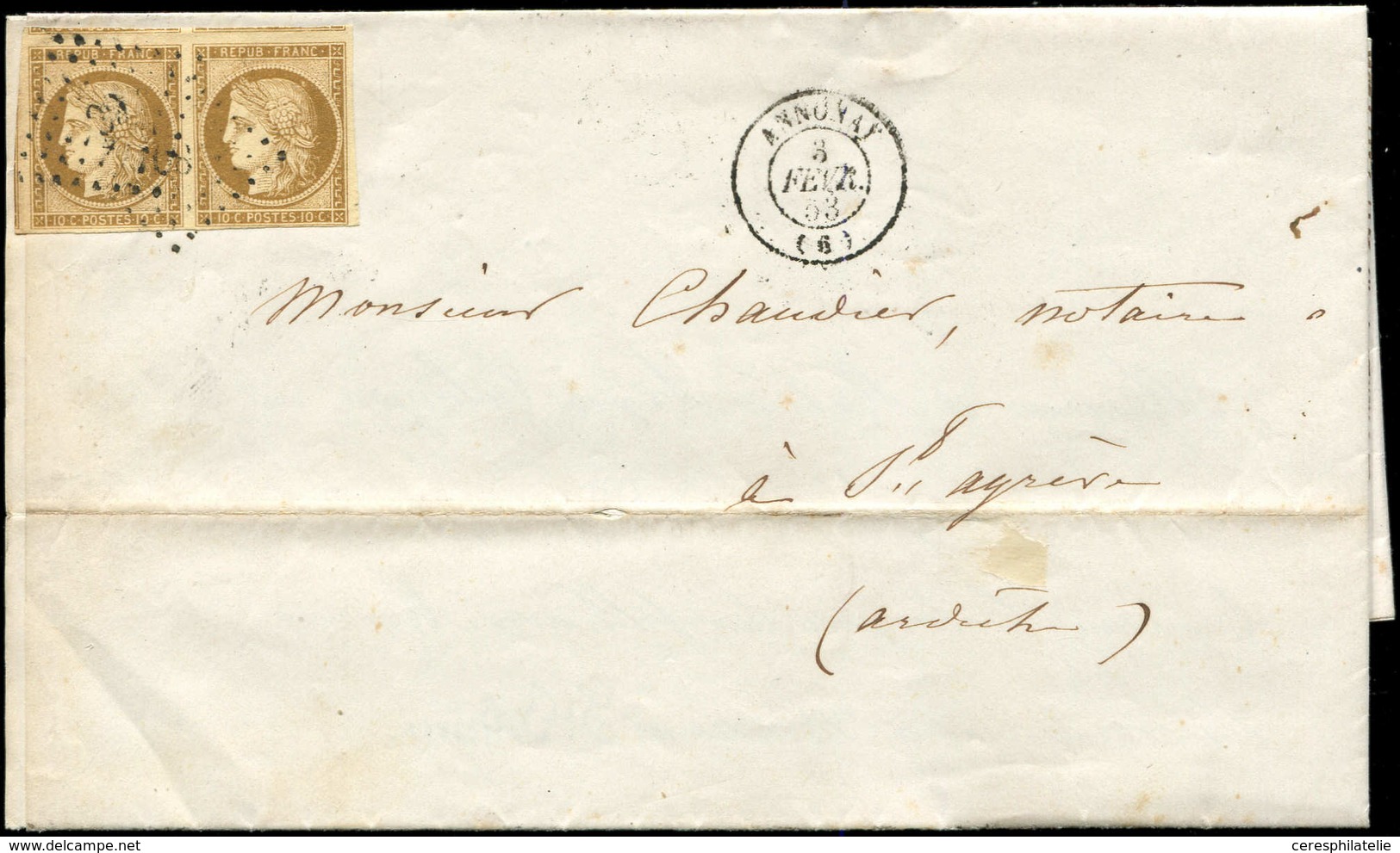 Let EMISSION DE 1849 - 1    10c. Bistre-jaune, PAIRE Obl. PC 89 S. LAC, Càd T15 ANNONAY 3/2/53, TTB - 1849-1850 Cérès